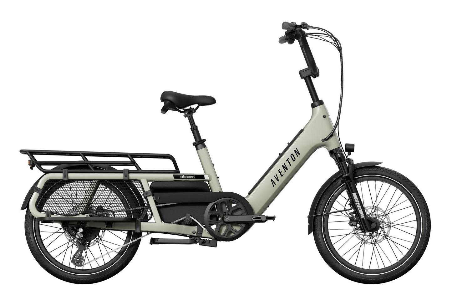 Side view of the Aventon Abound LR cargo e-bike by Aventon, featuring a light gray step-through frame, rear cargo rack, front and rear fenders, and black handlebars.