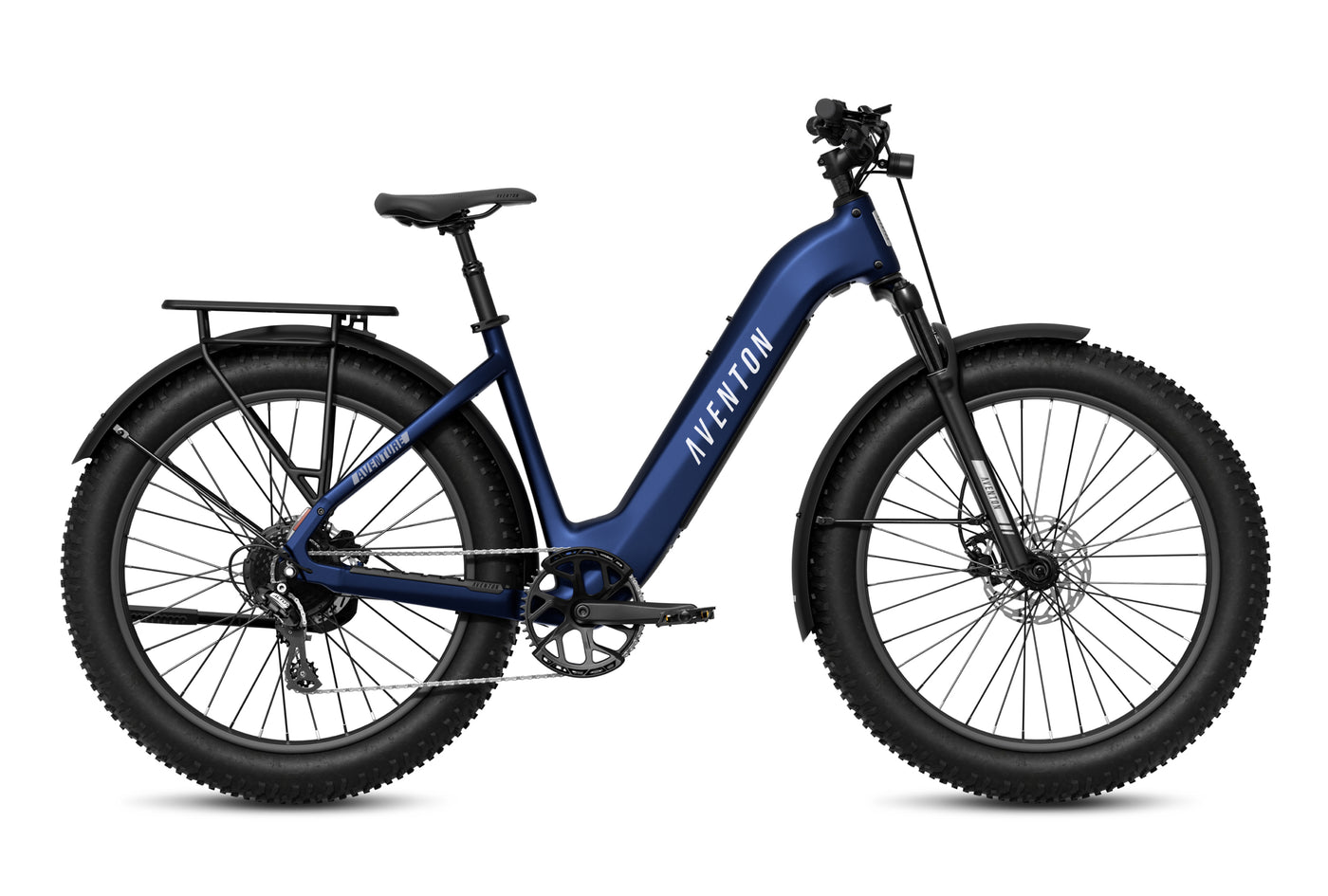 The Aventon Aventure 3 fat tire ebike, shown in blue with a step-through frame, rear rack, and fenders, is available at Tampa Bay eBikes.