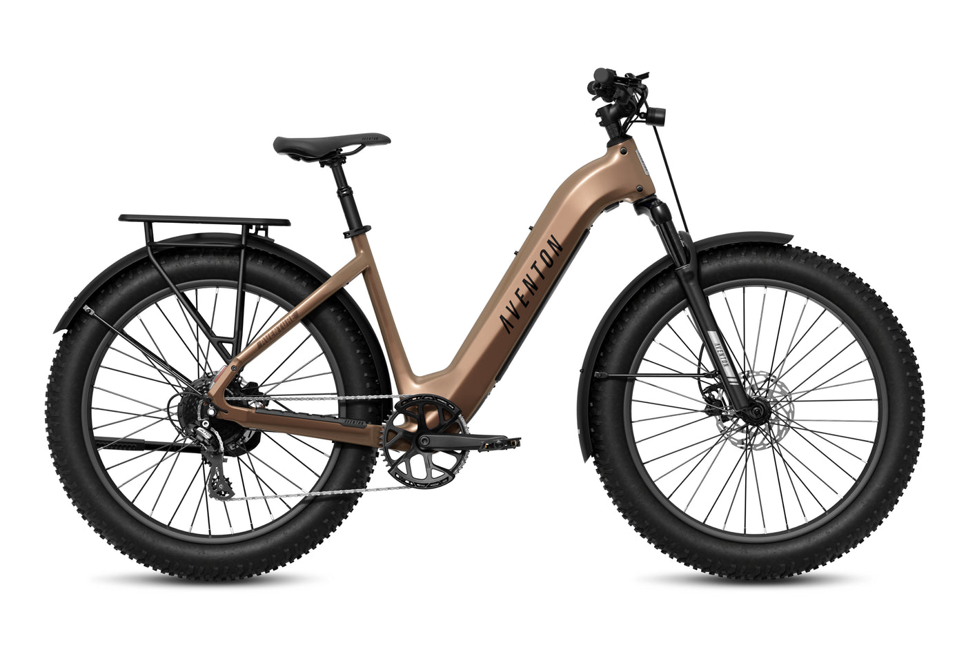 The Aventon Aventure 3, a brown fat tire e-bike with step-through frame, rear rack, front suspension fork, and disc brakes, is shown in side profile on a white background. Available at Tampa Bay eBikes.