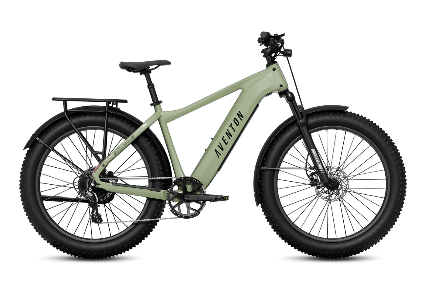 The Aventon Aventure 3, shown in matte green from the side, is a fat tire e-bike featuring a 750W motor, front suspension, disc brakes, rear rack, and wide tires—ready for electric adventure.