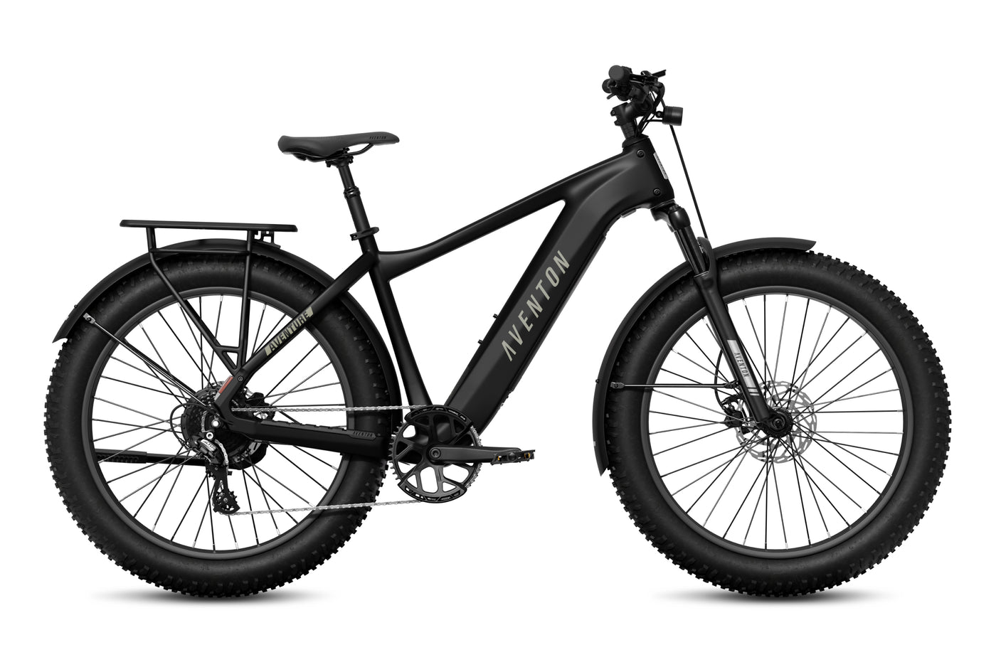 The Aventon - Aventure 3 by Aventon features a powerful 750W motor, rear cargo rack, fat tires, and front suspension—perfect for urban commutes and off-road adventures.