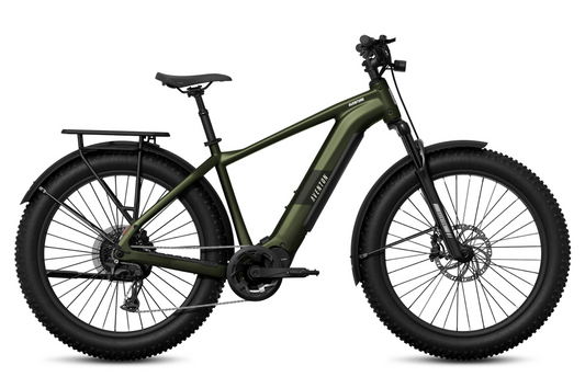 A matte green Aventon - Aventure M mid-drive fat tire eBike by Tampa Bay eBikes, featuring 100Nm torque, a rear cargo rack, disc brakes, and a downtube-integrated battery, shown side view on a white background.
