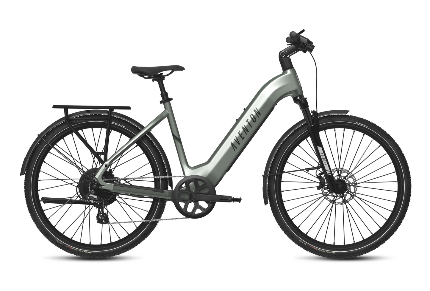 The Aventon Level 3 eBike for commuters features a grey step-through frame, disc brakes, rear rack, and fenders. Highlighting smart security, it's shown in profile view against a white background.