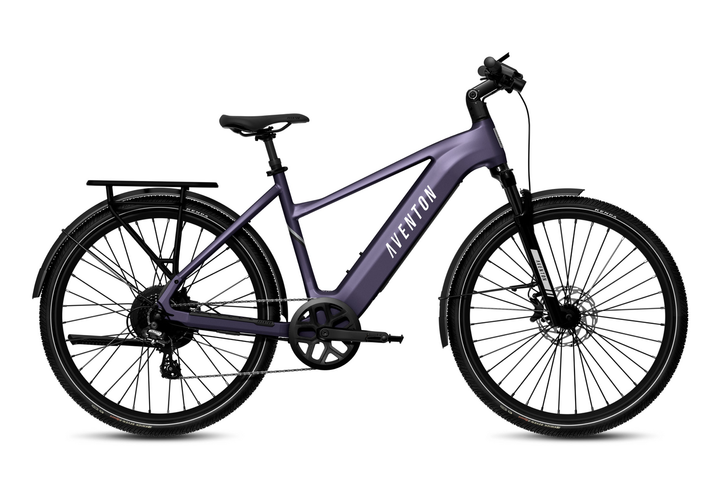 Check out the Aventon Level 3 eBike by Aventonβa stylish commuter bike with a matte purple frame, black tires, disc brakes, a rear rack, and a smart security system. Displayed on a crisp white background for ultimate peace of mind.