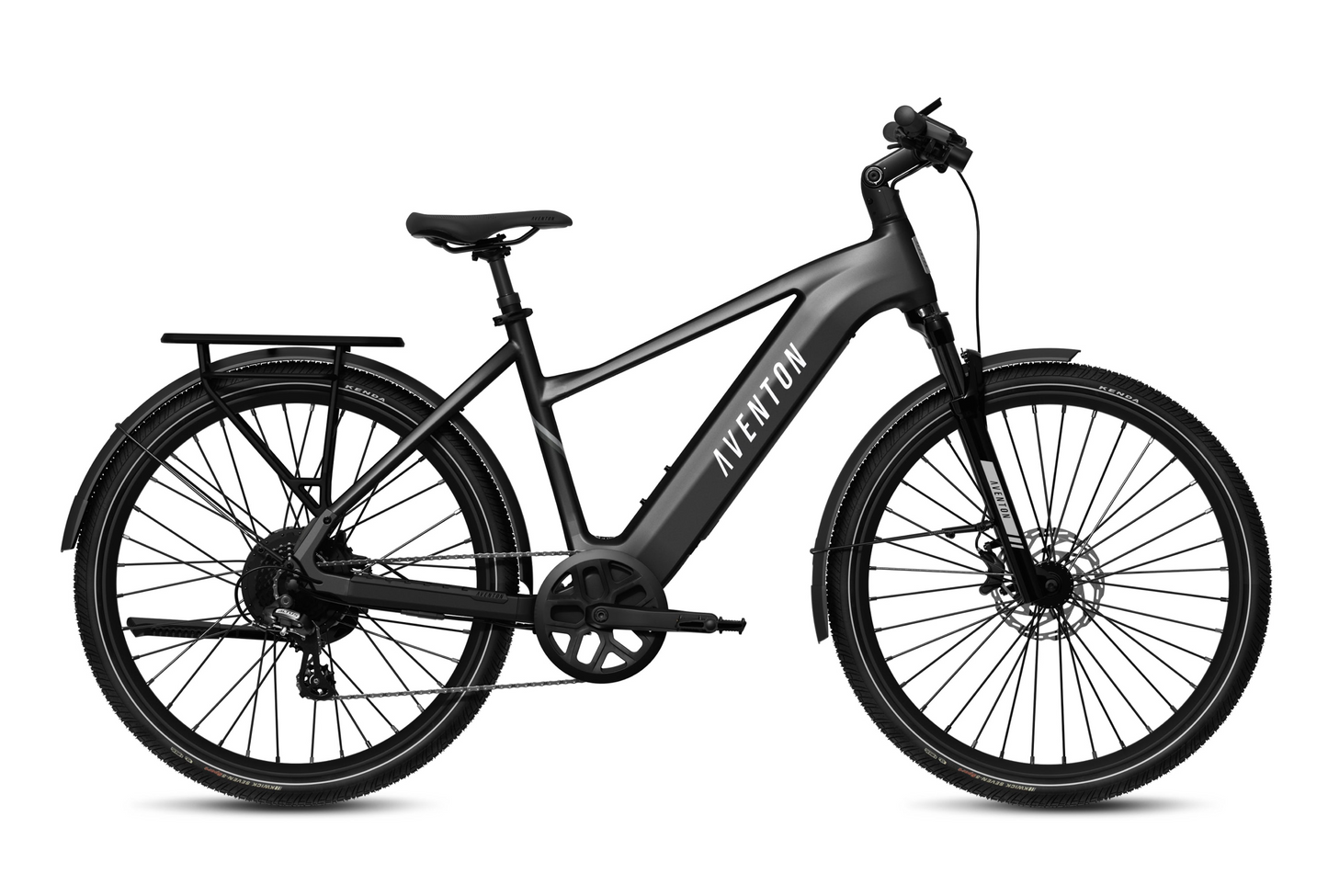 Meet the Aventon Level 3 eBike, a sleek commuter's dream in black featuring disc brakes, a rear cargo rack, reflective tires, and smart security. This stylish yet practical electric bike showcases visible Aventon branding.