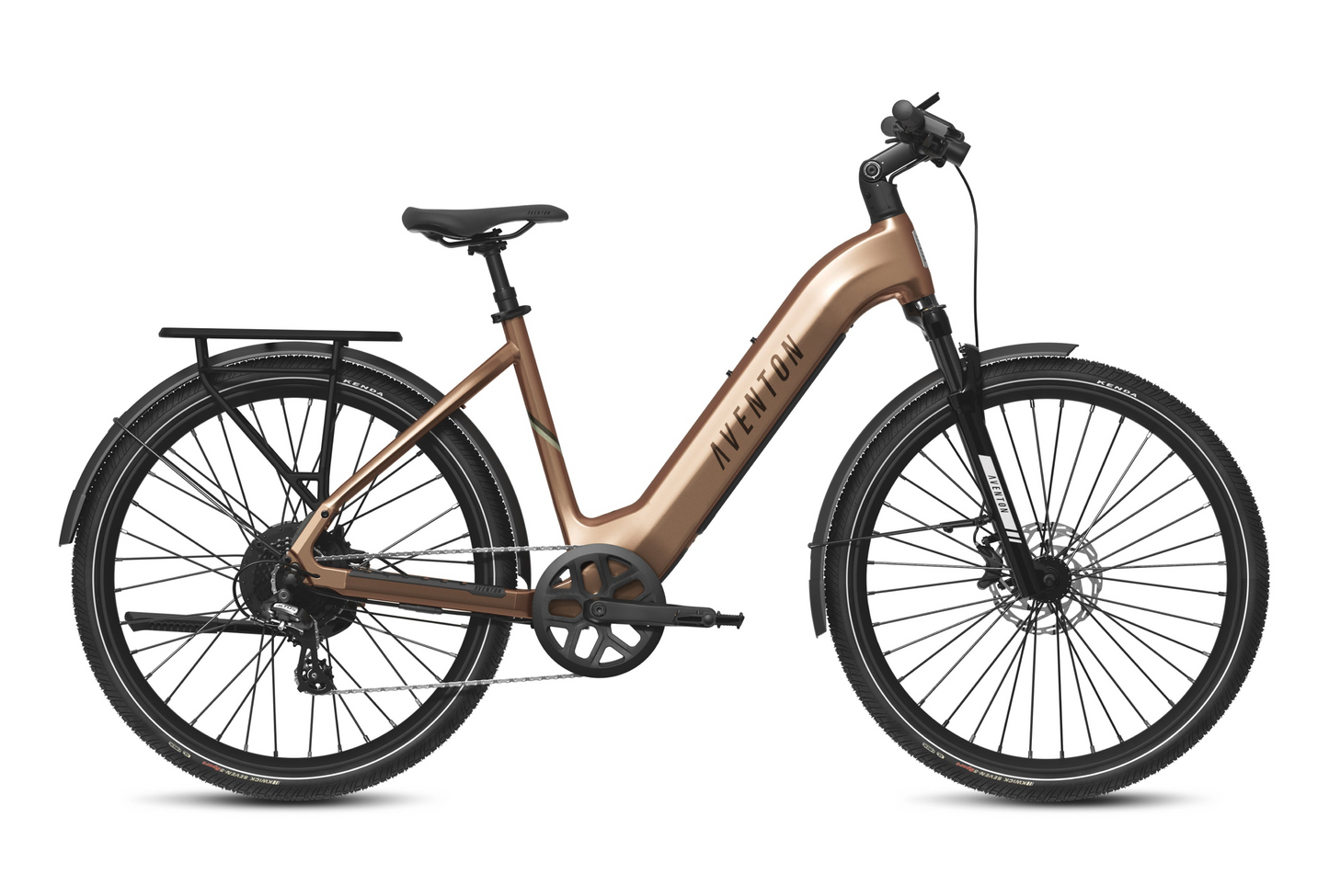 The Aventon Level 3 by Aventon features a sleek bronze frame, disc brakes, thick tires, and a step-through design. It includes a rear rack for essentials and a smart security system for secure commuting.