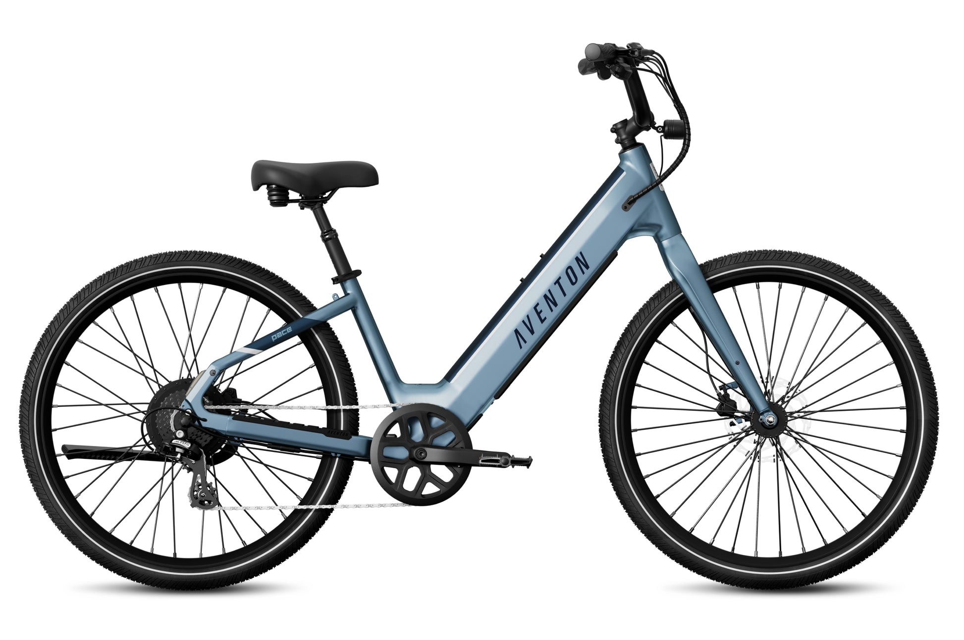 Aventon Pace 4 step-through electric bicycle in light blue, featuring black tires, a rear derailleur, and upright handlebars, shown from the side on a white background.