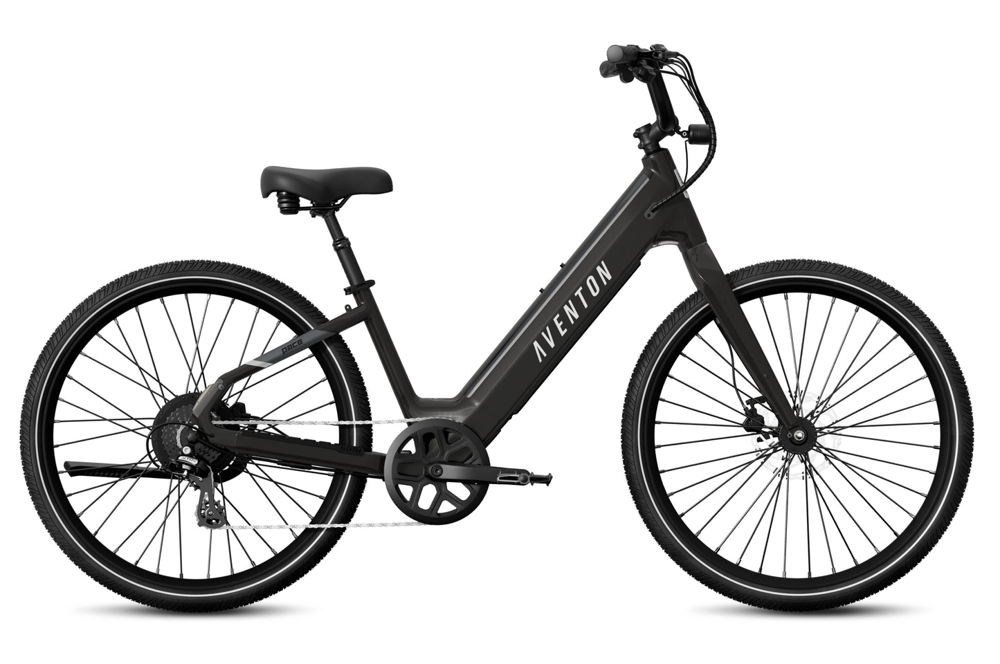 Aventon Pace 4 step-through electric bike in black, featuring disc brakes, upright handlebars, and a stair-step frame design, displayed on a white background.