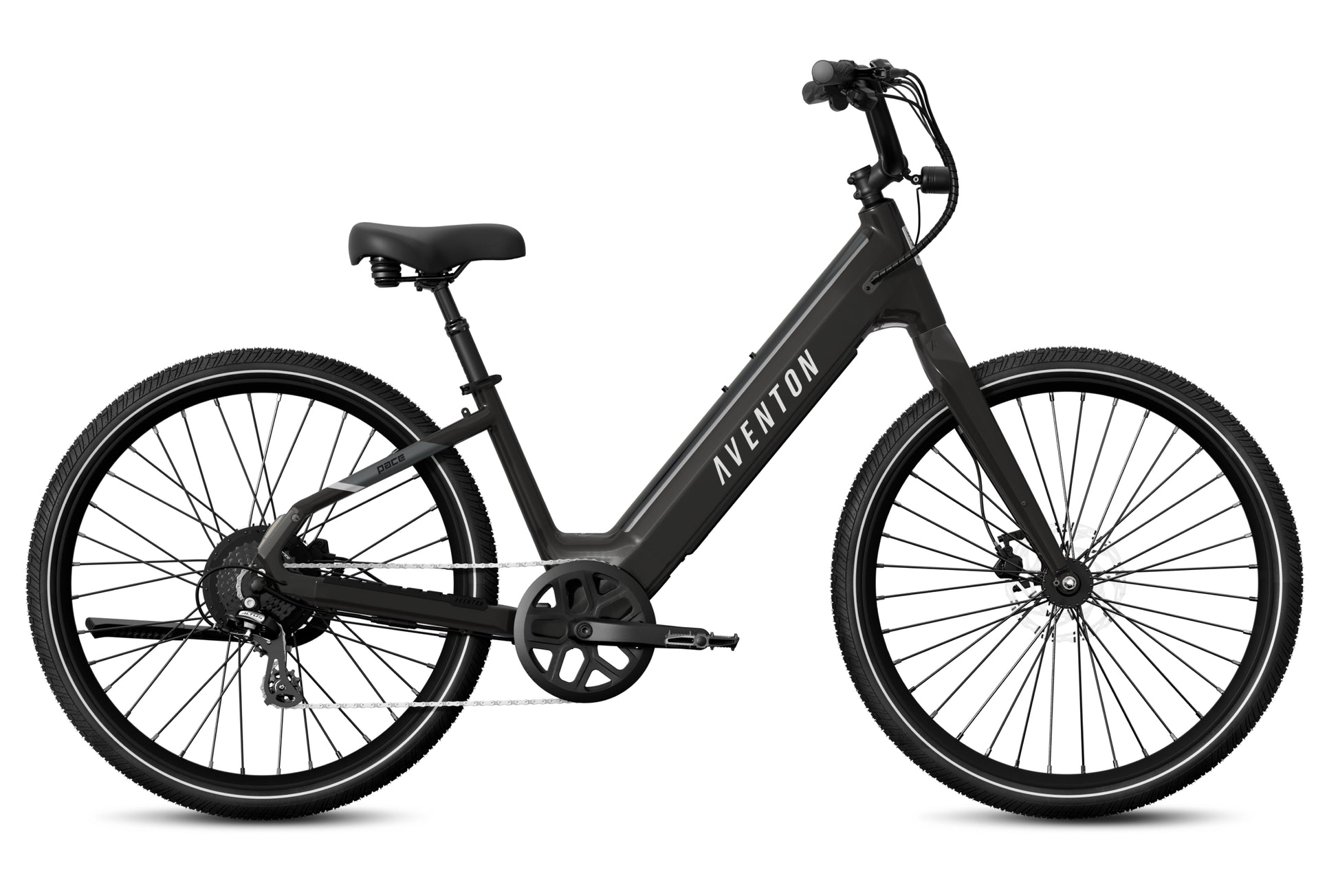 Aventon Pace 4 step-through electric bike in black, featuring disc brakes, upright handlebars, and a stair-step frame design, displayed on a white background.