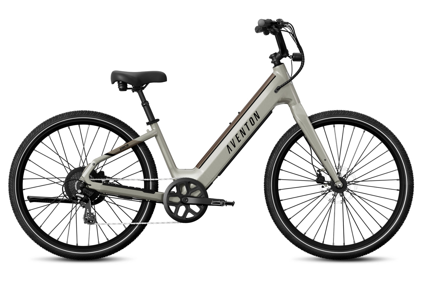 A gray Aventon Pace 4 step-through electric bike with upright handlebars, rear derailleur, and thin tires is shown in profile on a white background.