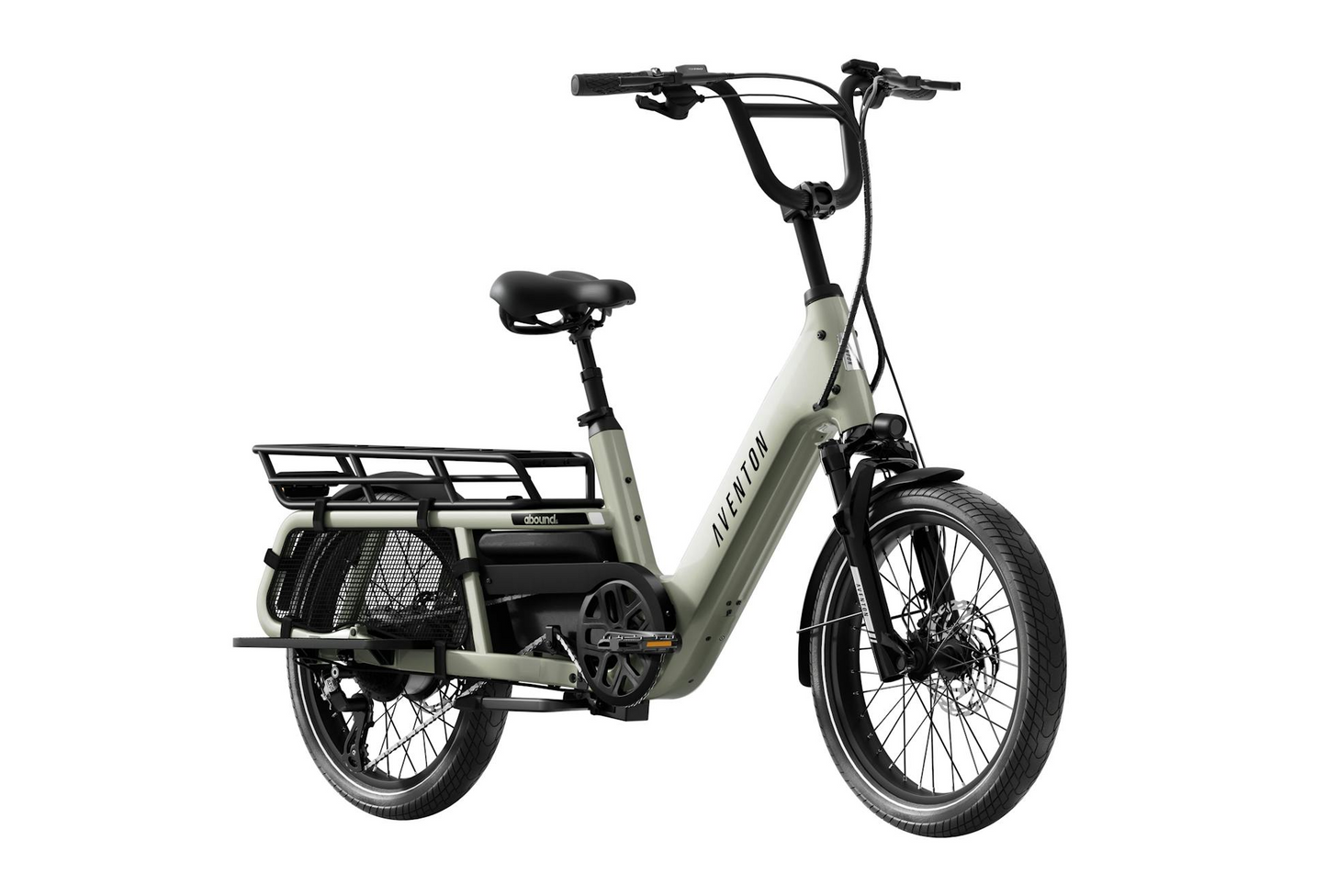 The Aventon - Abound LR cargo e-bike by Aventon is displayed in matte green, featuring a step-through frame, rear rack, black seat, and upright handlebars against a white background.