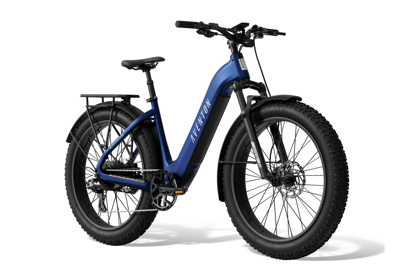 A blue Aventon Aventure 3 fat tire e-bike with step-through frame, front suspension, rear cargo rack, and disc brakes is displayed on a white background. Available at Tampa Bay eBikes.