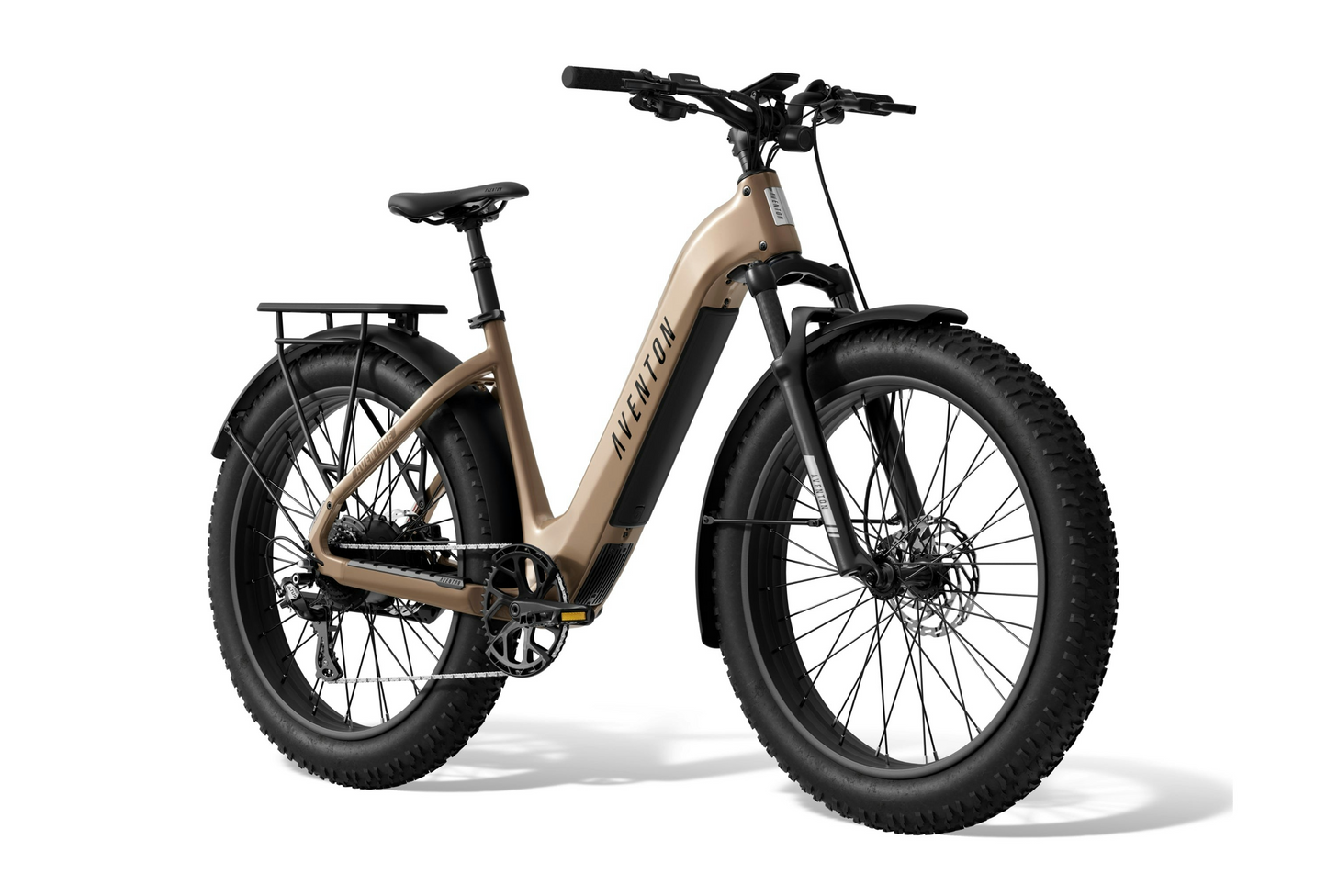 The Aventon Aventure 3 fat tire eBike, shown in tan with a step-through frame, front suspension, and rear cargo rack, is displayed on a white background—ideal for your next ride.