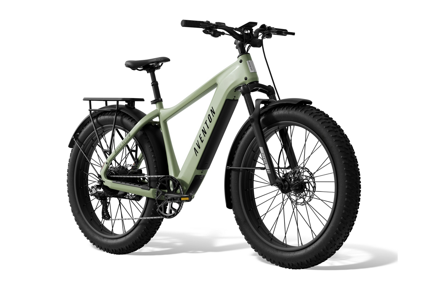 The Aventon Aventure 3 fat tire eBike in mint green features a rear rack, disc brakes, and front suspension—ideal for your next electric adventure. Shown on a white background.