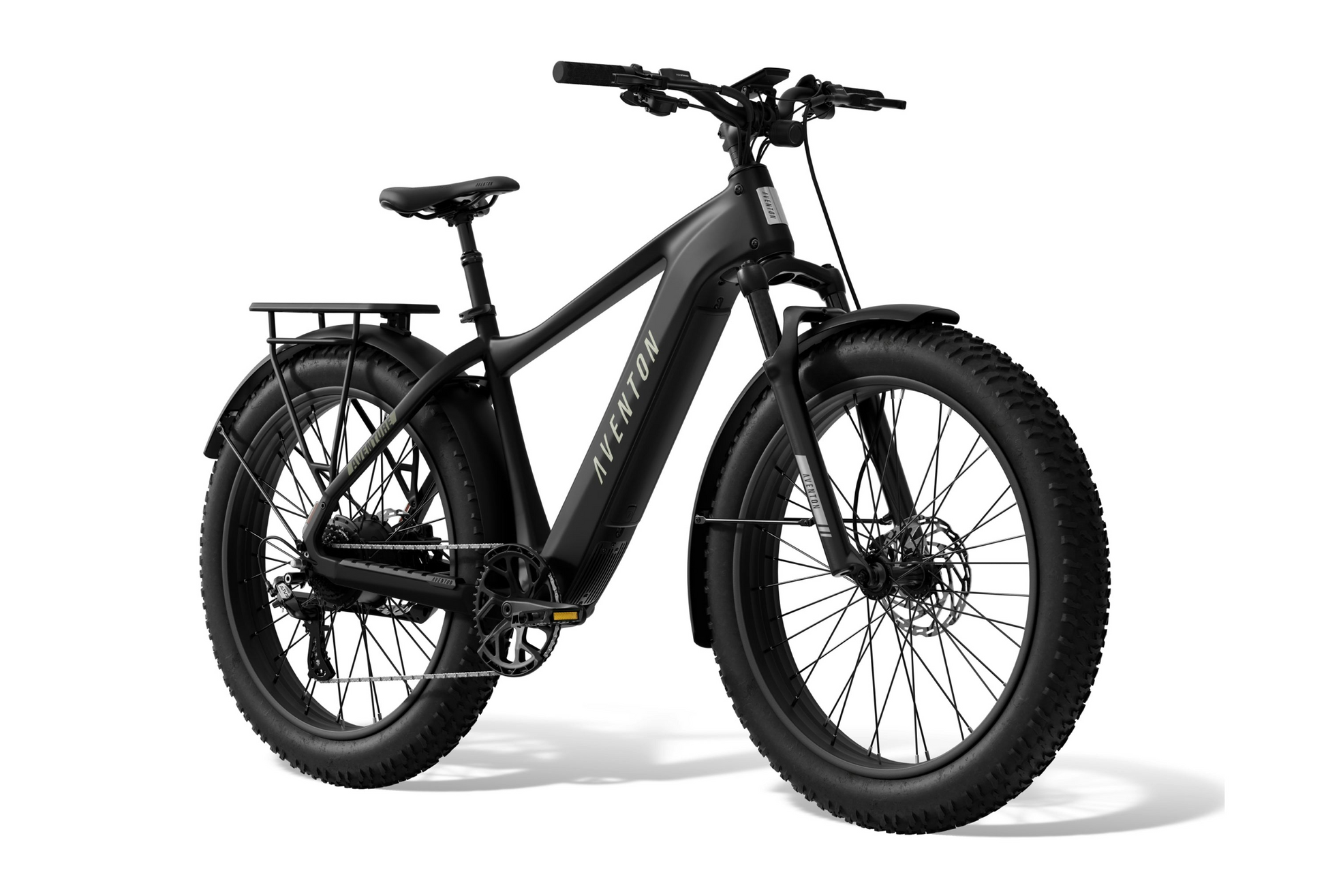 The Aventon Aventure 3, a black fat tire eBike from Aventon with front suspension, rear cargo rack, and disc brakes, is displayed on a white background—ideal for your next electric adventure.