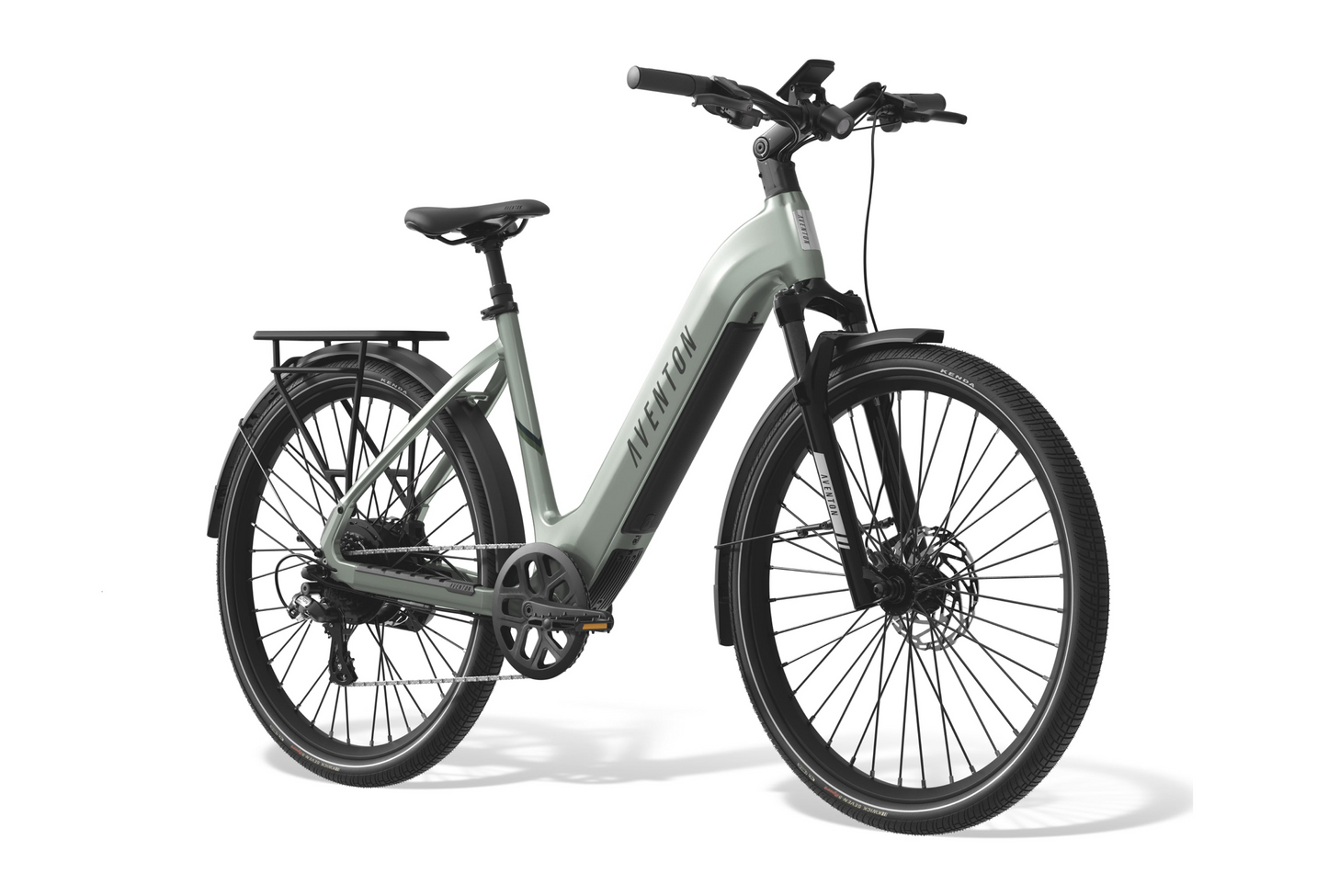 The Aventon Level 3, by Aventon, is a green step-through eBike featuring black handlebars, a rear cargo rack for commuting ease, and a smart security system to ensure your ride's safety.