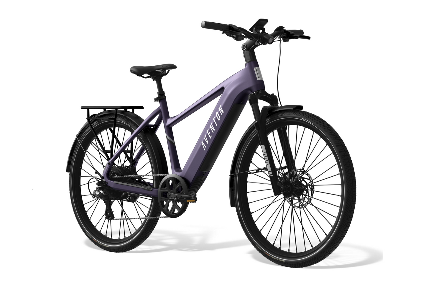 The Aventon Level 3 is a purple eBike featuring a rear cargo rack, black fenders, and the Aventon logo on its frame. This ultimate commuter eBike includes a smart security system, all beautifully presented on a white background.