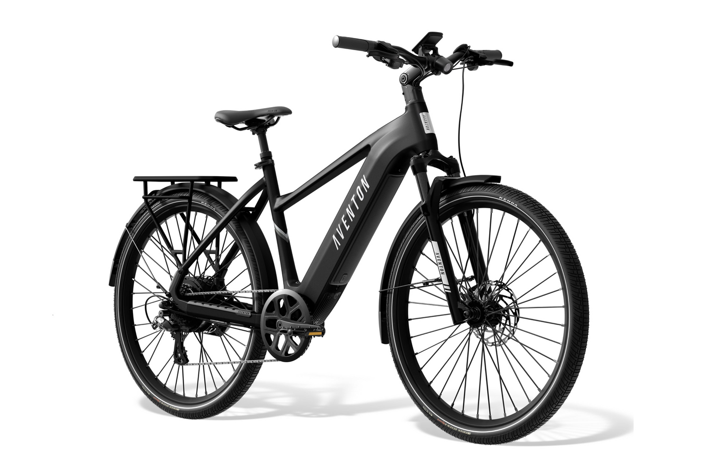The Aventon Level 3 eBike by Aventon is a sleek black commuter model featuring thick tires, a rear rack, and a prominent frame, all enhanced with a smart security system for extra peace of mind.
