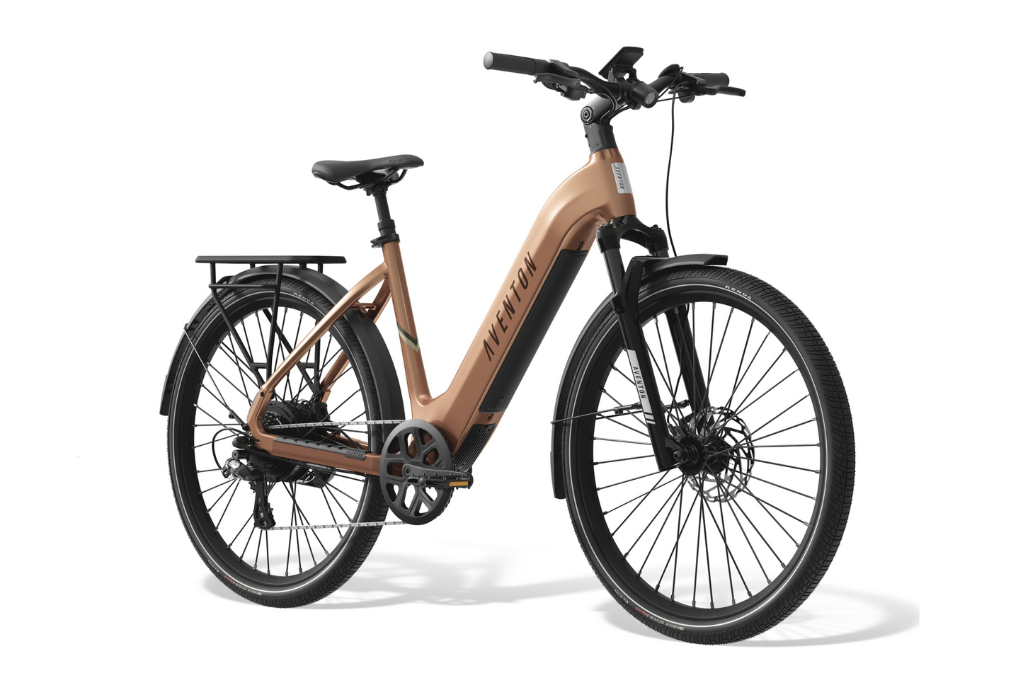 The Aventon commuter eBike, in tan with a step-through frame, black handlebars, and a rear cargo rack, is displayed against a white background.