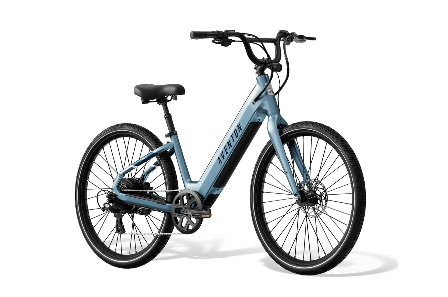 Light blue Aventon Pace 4 electric bike with step-through frame, black saddle, straight handlebars, and black wheels, shown on a white background.