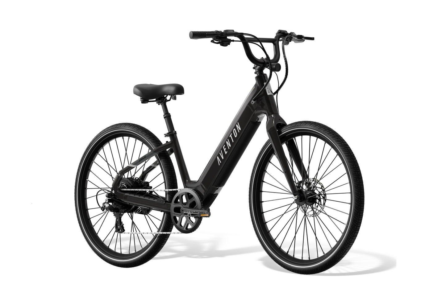 The Aventon Pace 4 is a matte black, step-through electric bike with upright handlebars, front and rear disc brakes, and Aventon branding on the frame, displayed against a white background.