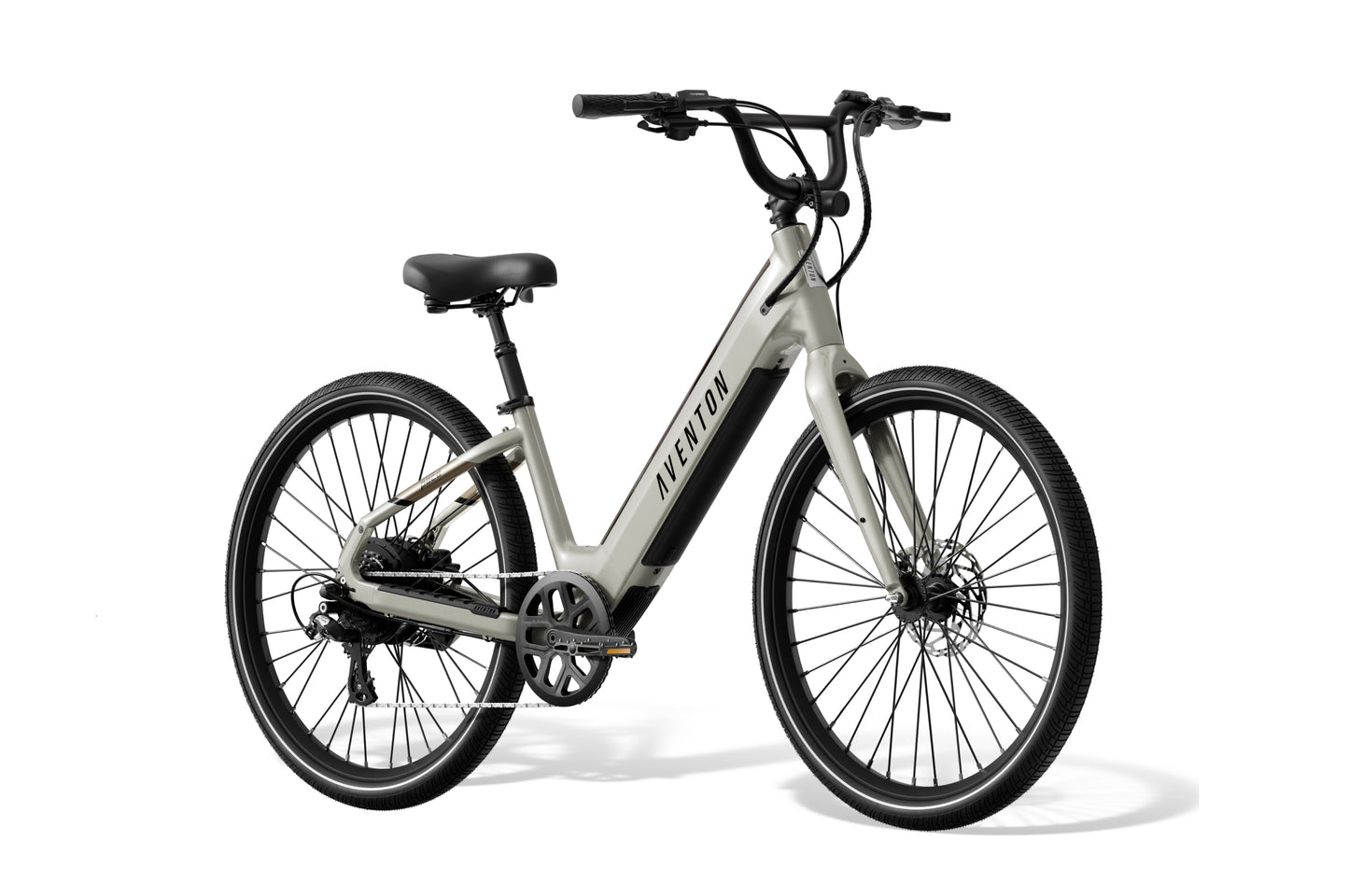 A light gray Aventon Pace 4 electric bike with a step-through frame, black seat, and black handlebars is displayed against a white background.