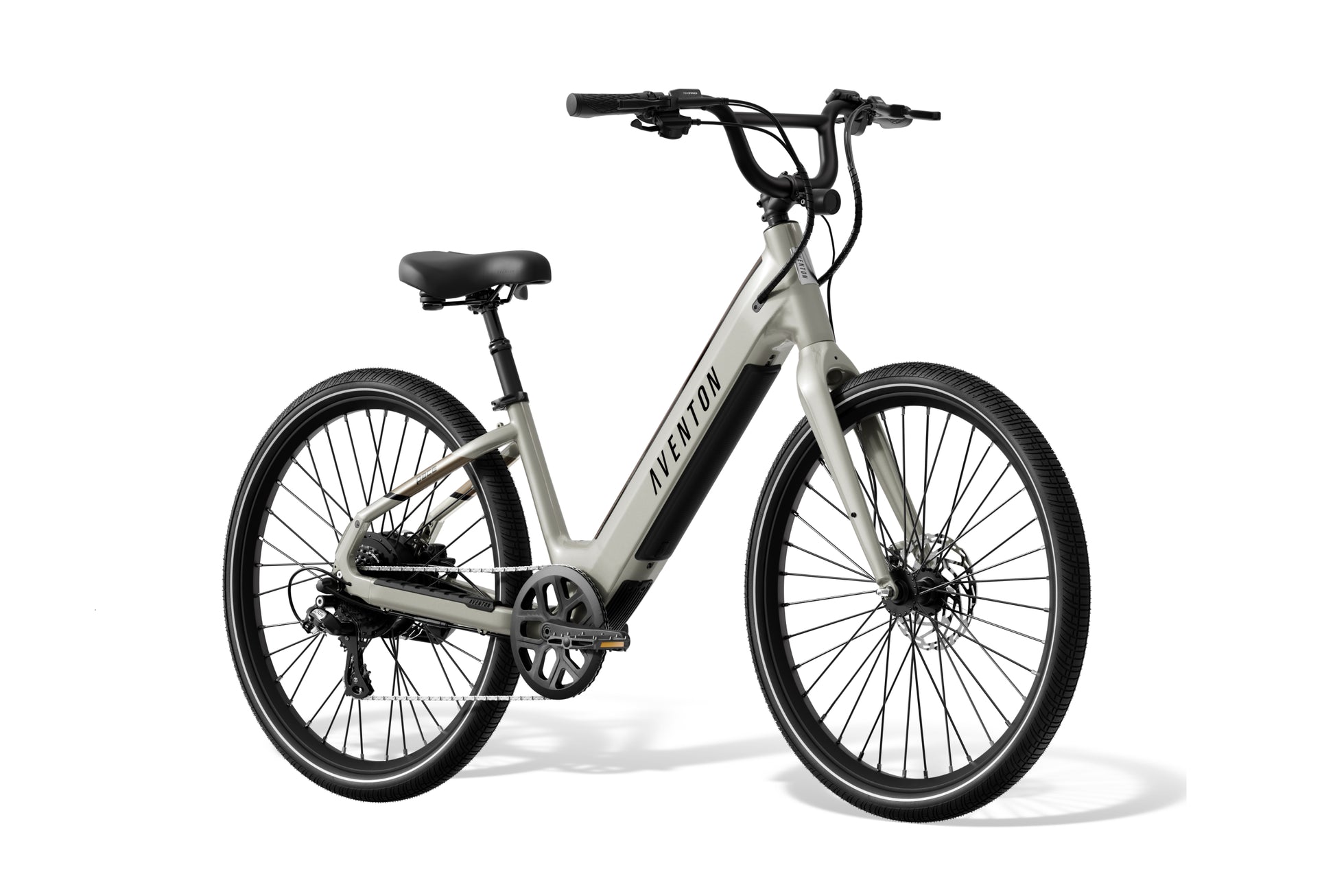 A light gray Aventon Pace 4 electric bike with a step-through frame, black seat, and black handlebars is displayed against a white background.