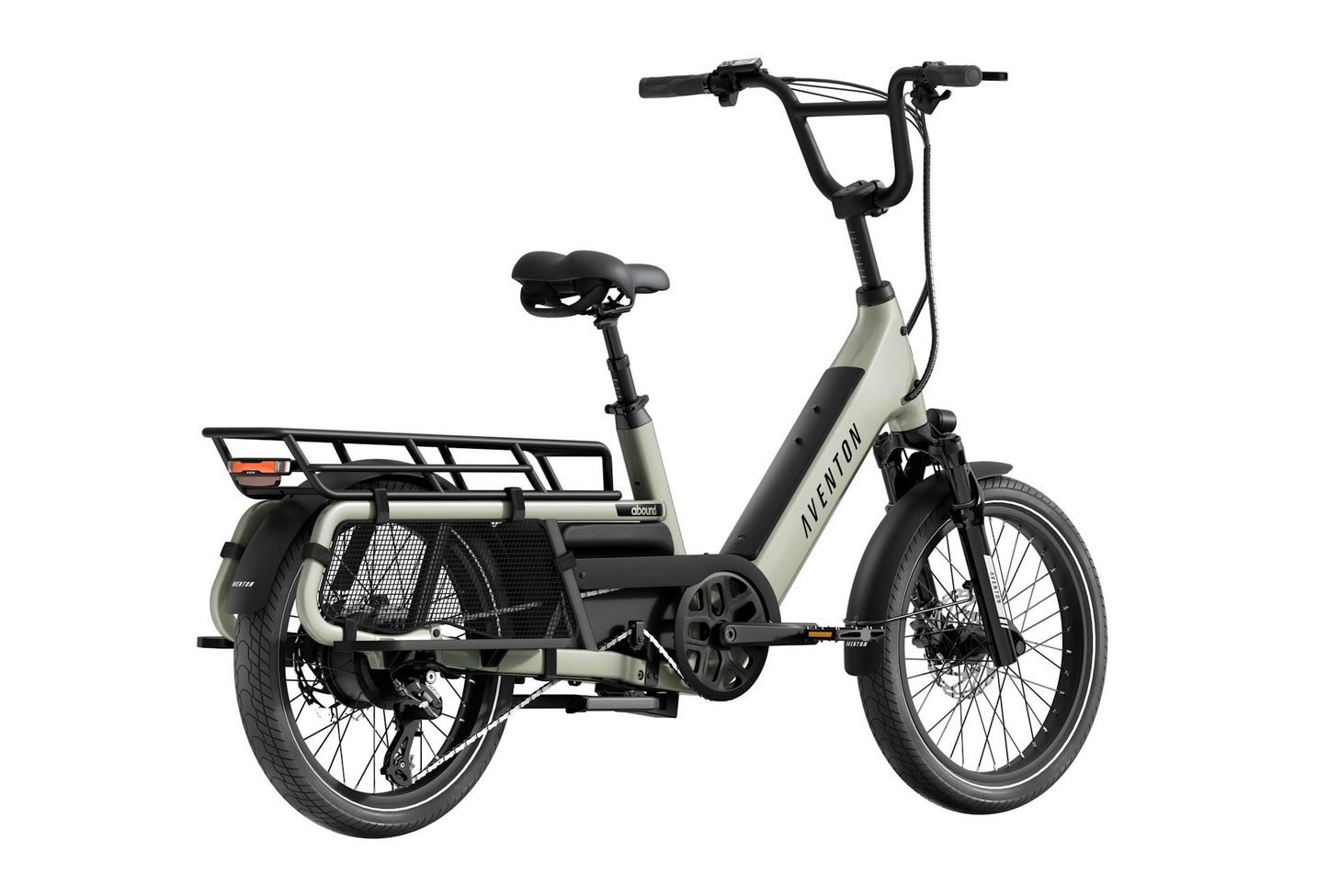 Aventon Abound LR cargo e-bike by Aventon shown in light green with a step-through frame, rear rack, black handlebars and fenders, viewed side-on against a white background.