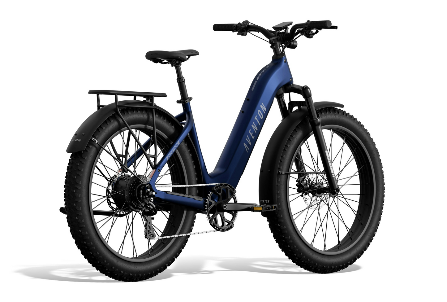 A blue Aventon – Aventure 3 fat tire eBike with a step-through frame, 750W motor, rear rack, front suspension, and disc brakes from Aventon is shown on a white background.