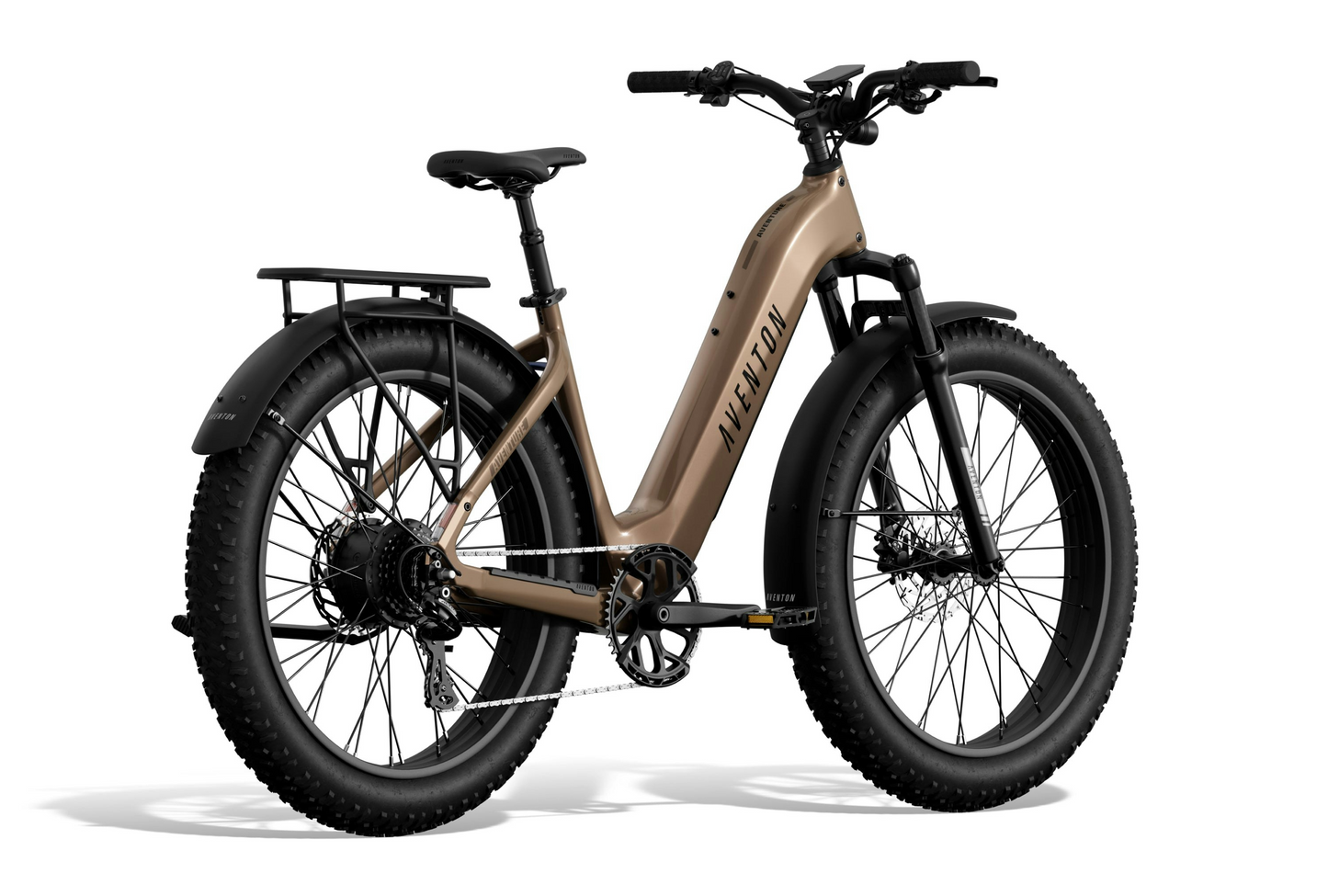 The Aventon Aventure 3, a matte bronze fat tire eBike with a step-through frame, front suspension, rear rack, and wide black tires, is displayed on a white background—ideal for your next electric adventure.
