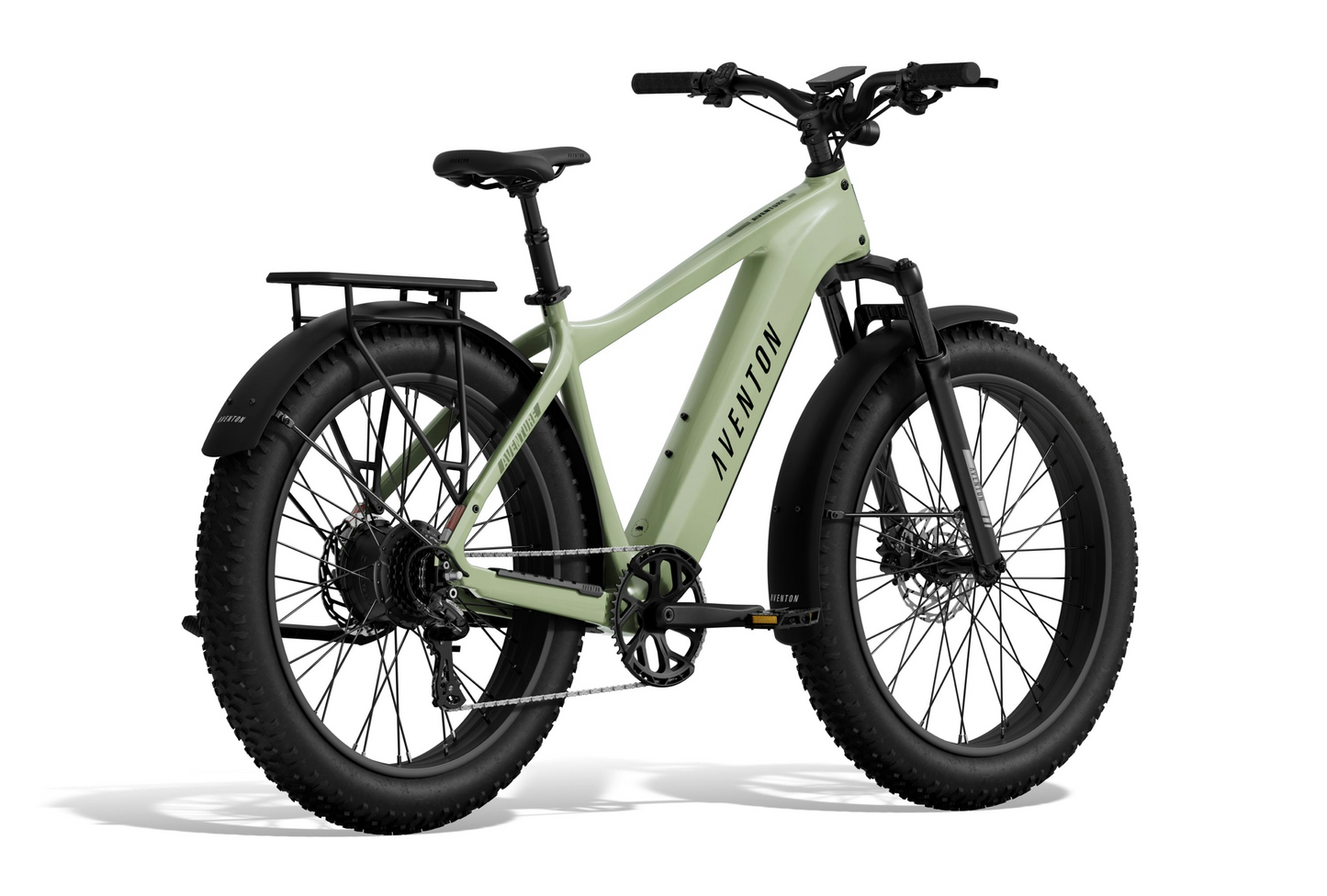 The Aventon Aventure 3 fat tire eBike in matte green, featuring a rear rack, black fenders, and front suspension by Aventon, is shown from the rear-side—ideal for your next electric adventure.