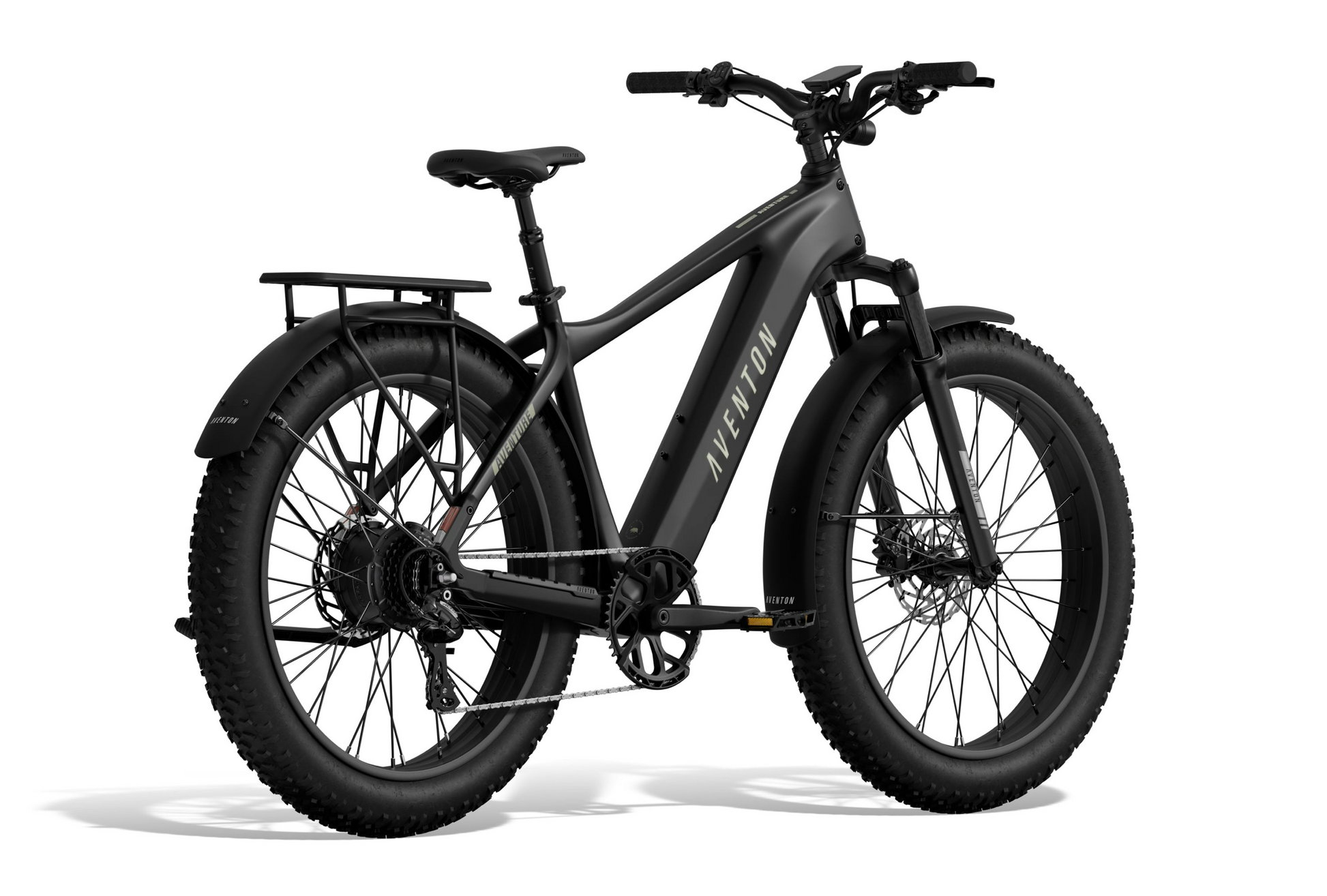 The Aventon - Aventure 3 by Aventon is a black fat tire eBike with rear rack, front suspension, and wide tires, shown on a white background—perfect for electric adventures.