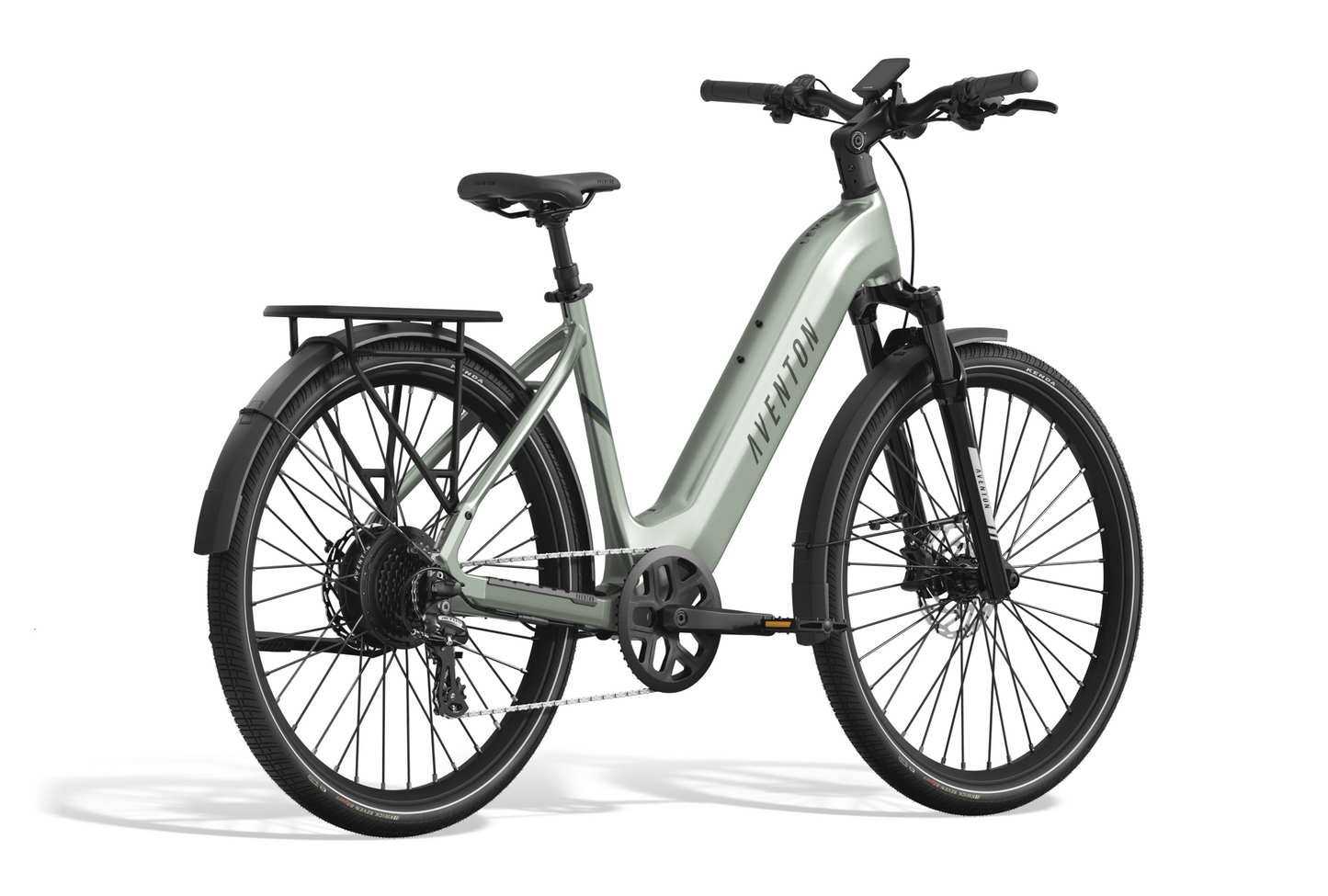 The Aventon Level 3 is a sleek silver commuter eBike with thick black tires and a rear rack. It boasts a visible motor on the rear wheel, a step-through frame without branding, and a smart security system for peace of mind on every ride.