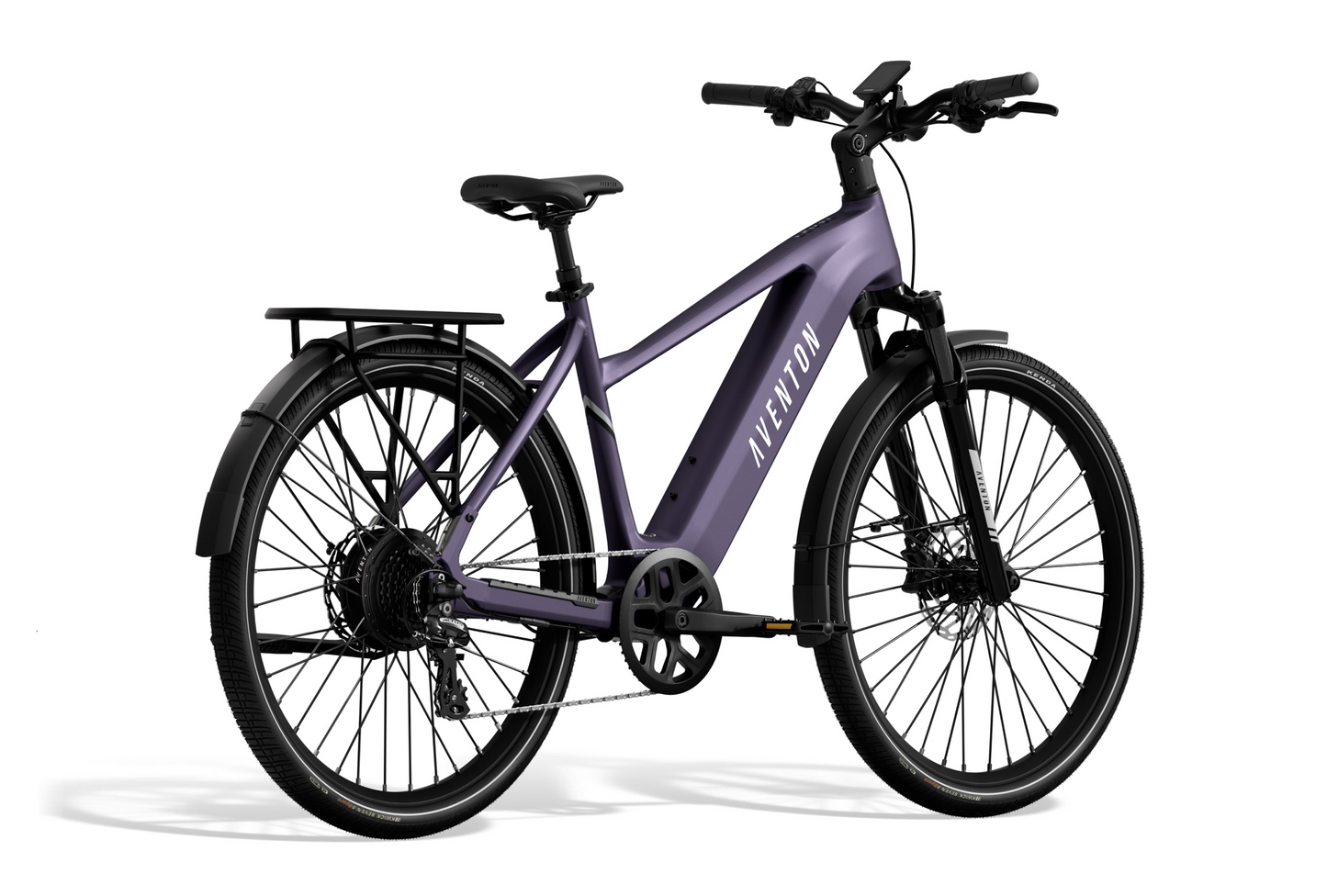 A purple Aventon Level 3 eBike, featuring a sturdy frame, black handlebars, and a rear rack, is displayed from the side on a plain white background.