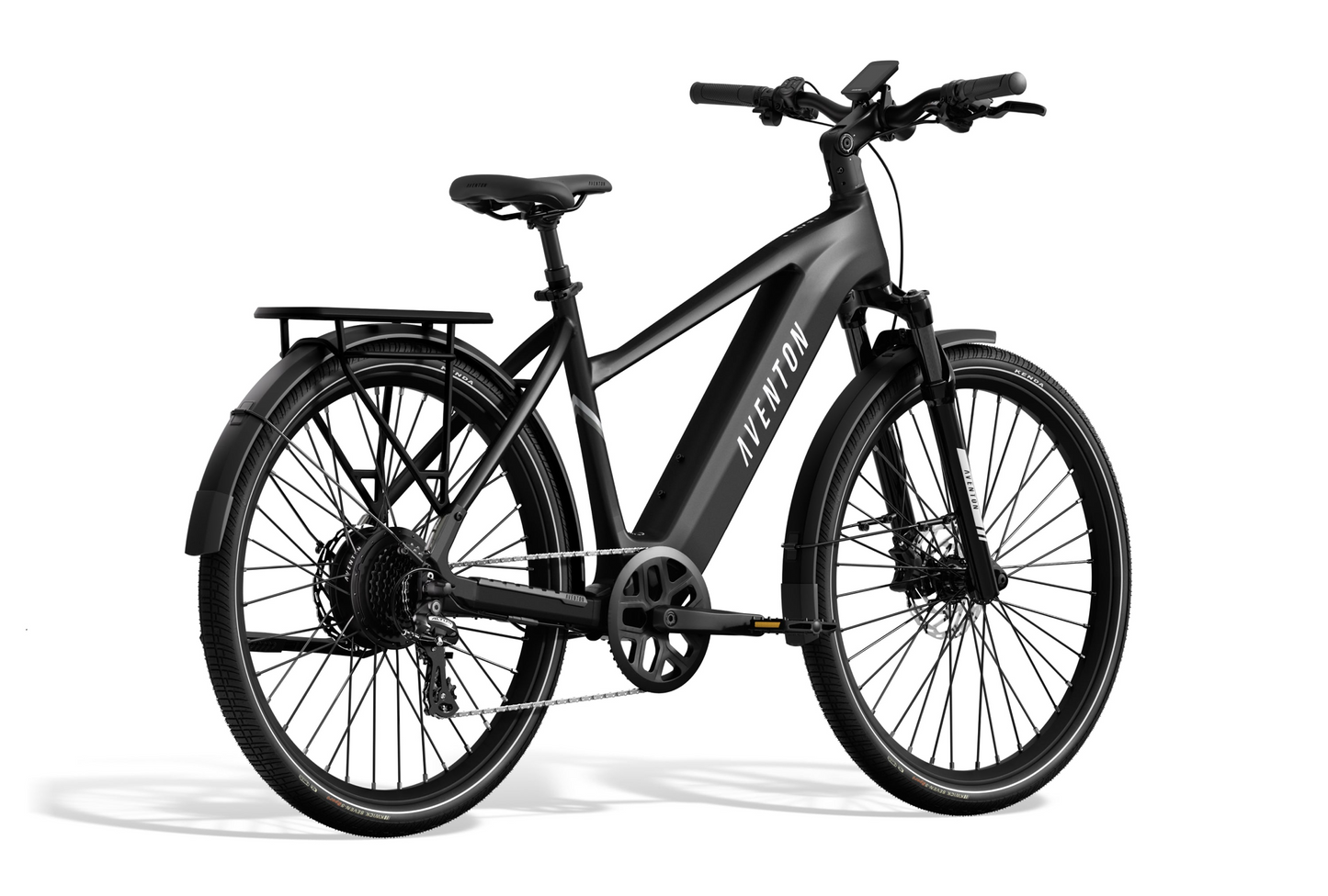 The Aventon Level 3, a black commuter eBike from Aventon, includes a sturdy frame, fenders, rear rack, and disc brakes. It's depicted on a plain white background.