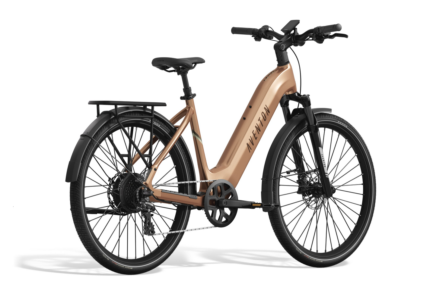 The Aventon Level 3 Step-Through, a commuter-friendly bronze electric bike, offers a sturdy frame, straight handlebars, and rear rack. It comes with black fenders on both wheels and a smart security system for safe rides.