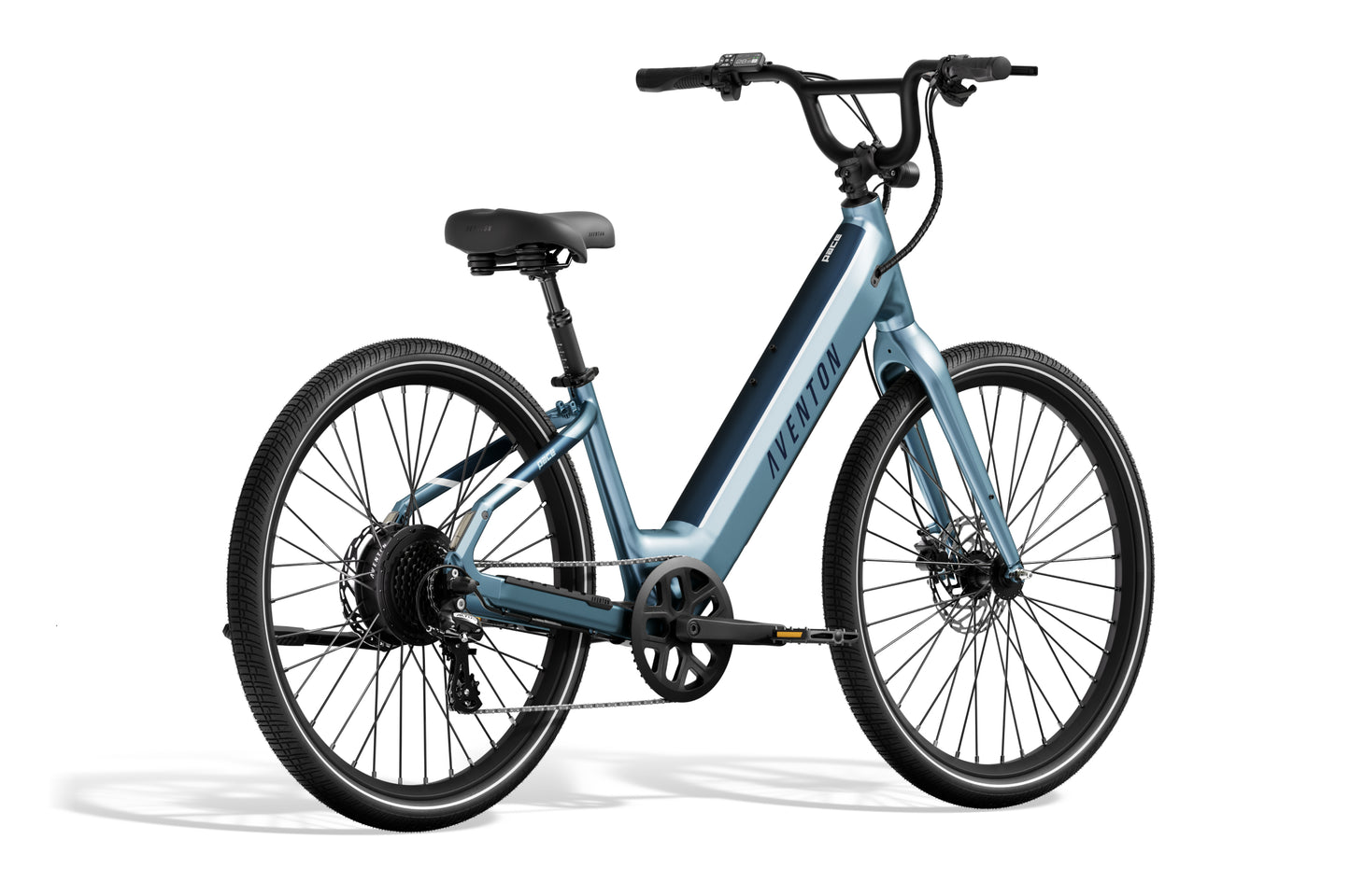 Light blue Aventon Pace 4 electric bike with a step-through frame, black saddle, black handlebars, and rear-mounted motor, shown on a white background.