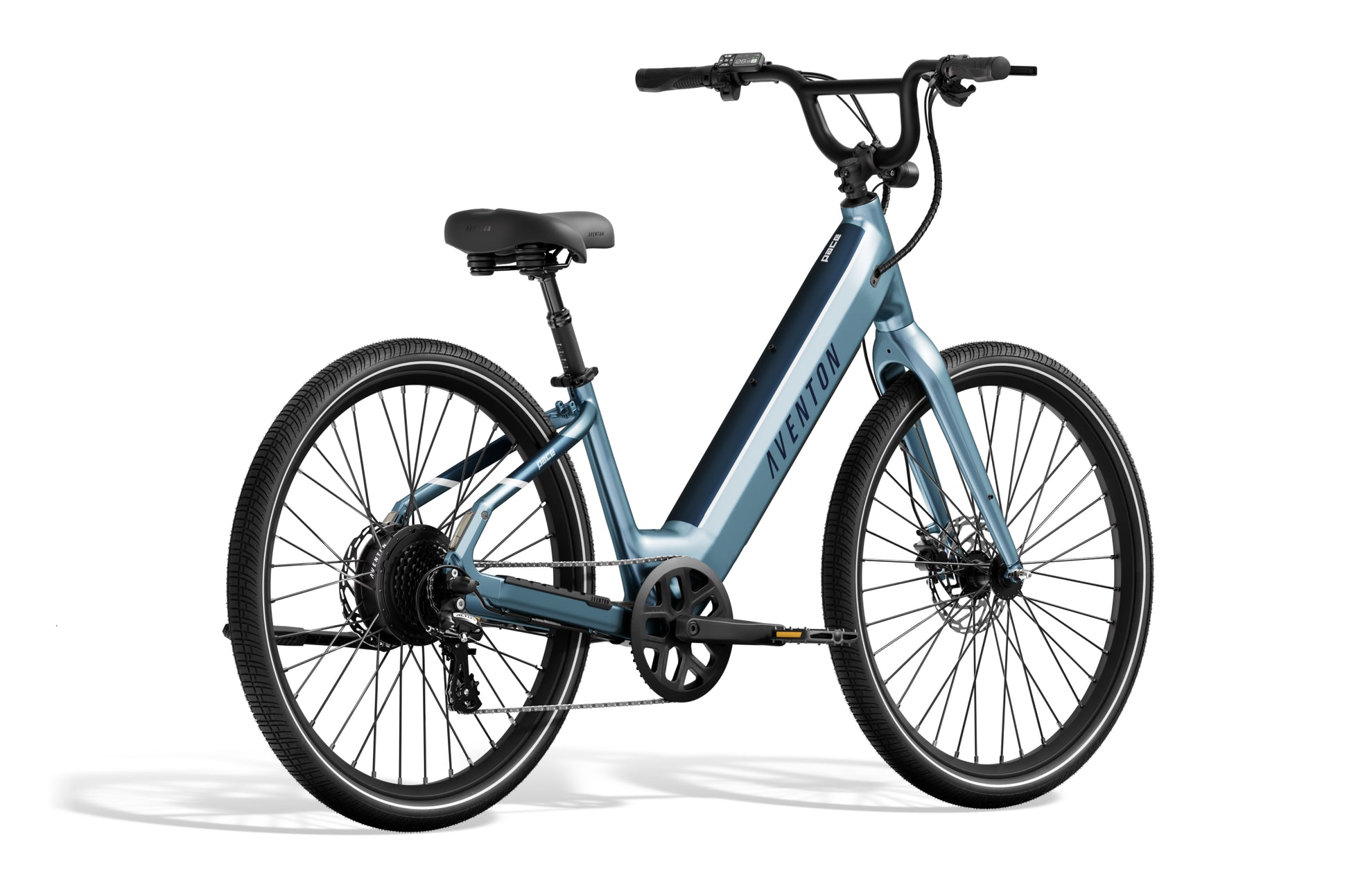 Light blue Aventon Pace 4 electric bike with a step-through frame, black saddle, black handlebars, and rear-mounted motor, shown on a white background.