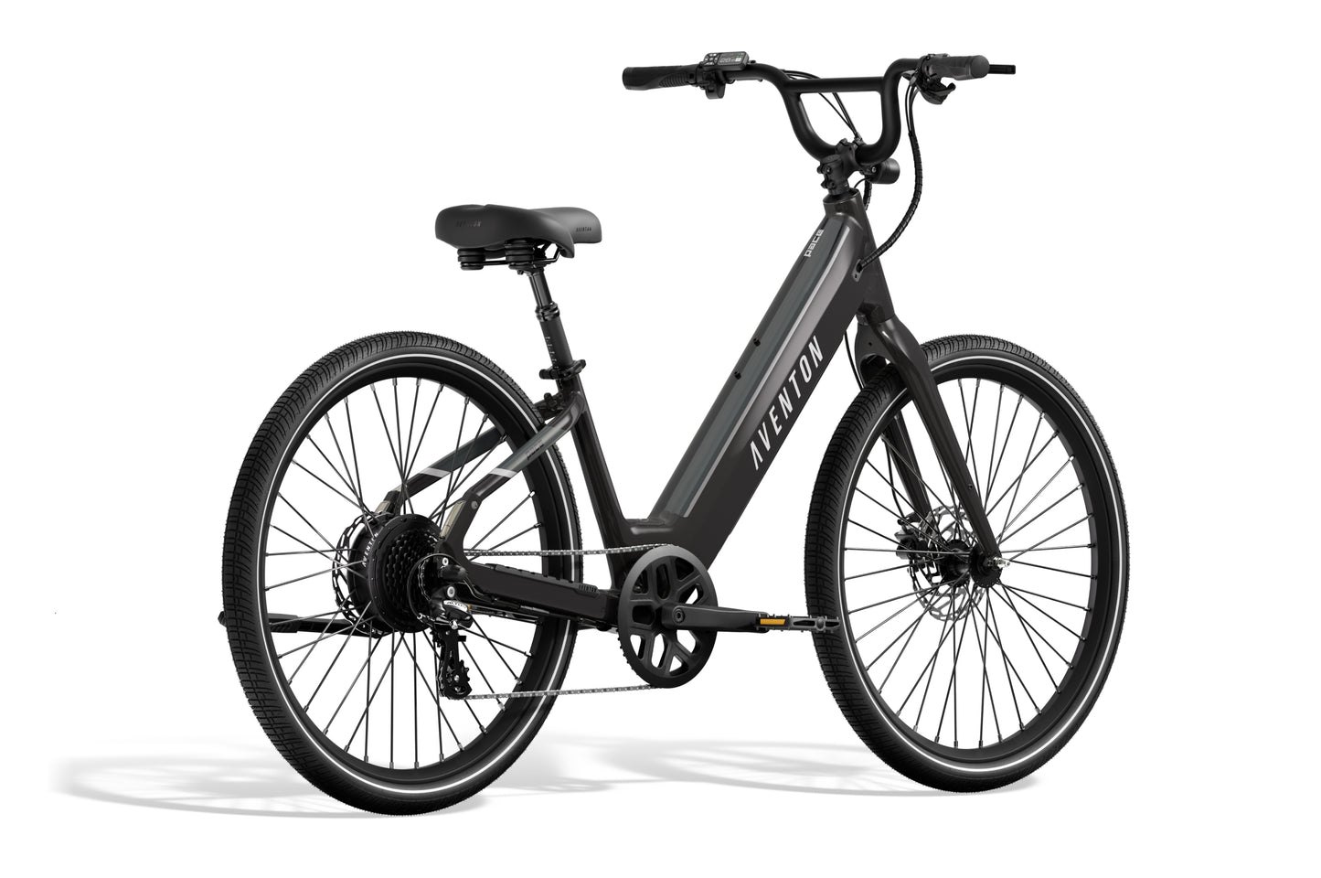 Aventon Pace 4 electric bicycle in black features a step-through frame, upright handlebars, and disc brakes, displayed on a white background.