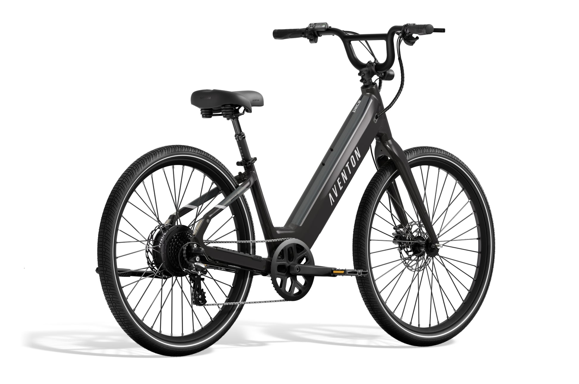 Aventon Pace 4 electric bicycle in black features a step-through frame, upright handlebars, and disc brakes, displayed on a white background.