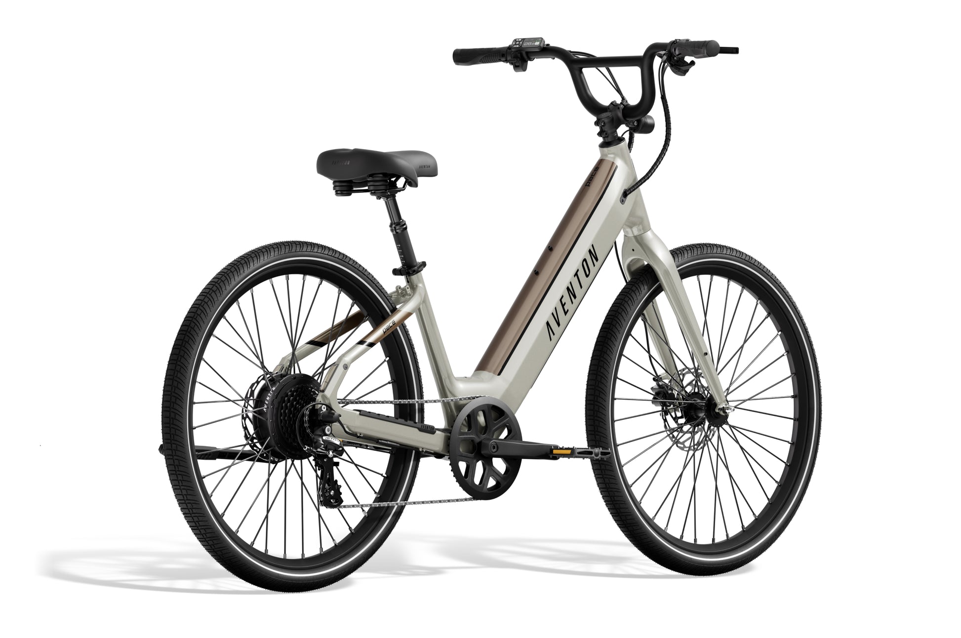 The Aventon Pace 4, a light gray electric bike by Aventon, features a step-through frame, black saddle, straight handlebars, rear motor, and black wheels, displayed on a white background.