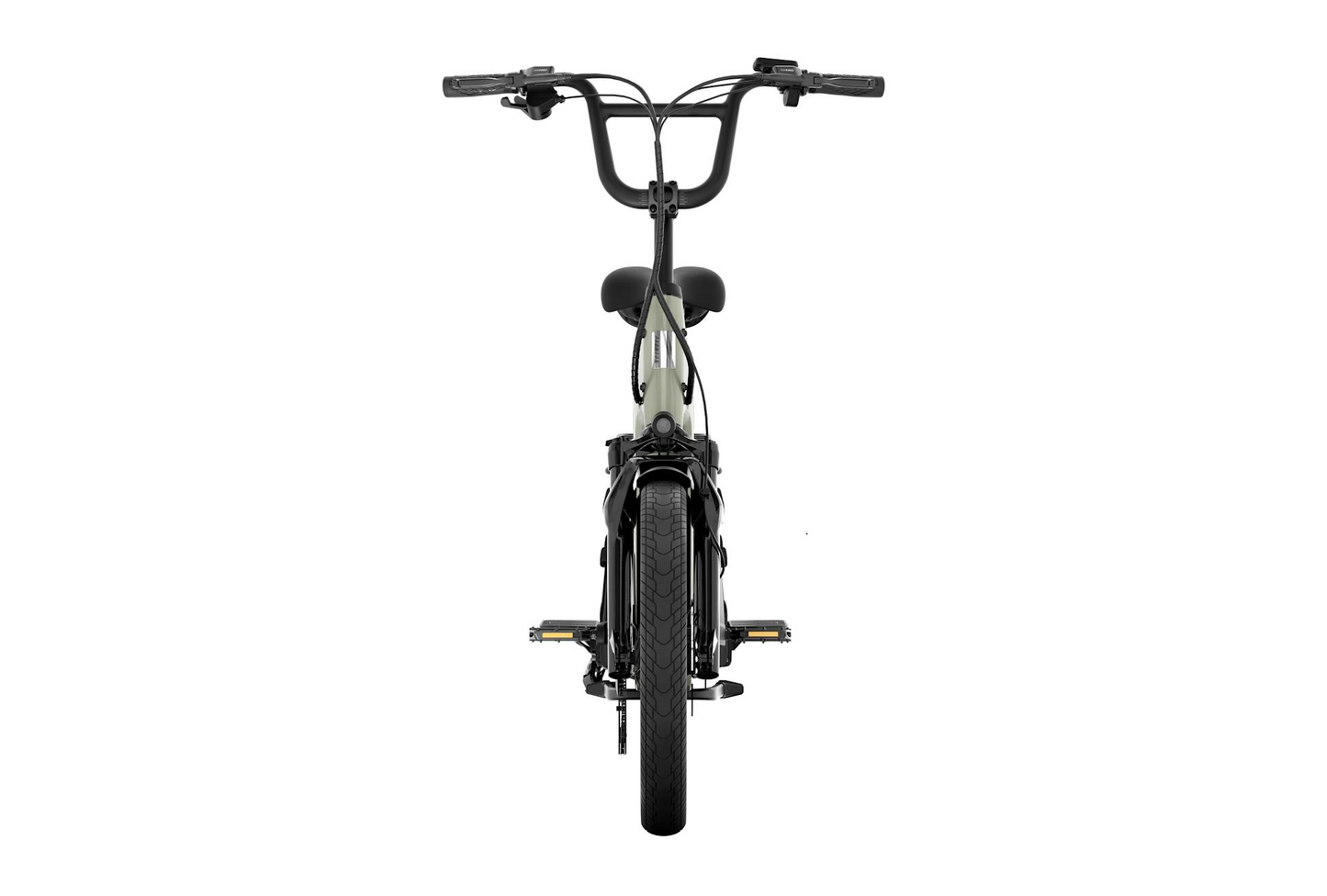 Front view of the Aventon Abound LR cargo e-bike by Aventon, highlighting the handlebars, seat, frame, pedals, and front wheel against a white background.