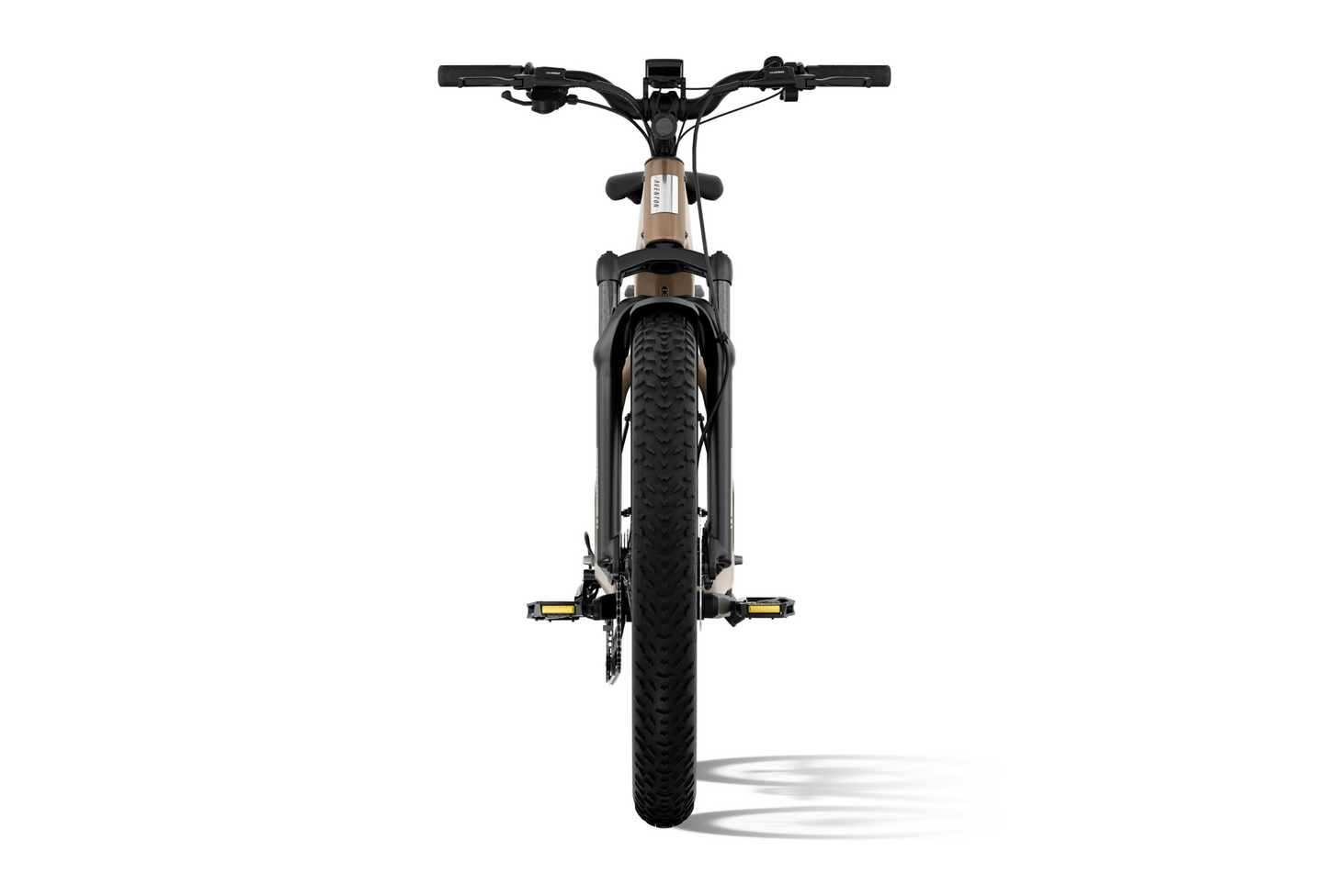 Front view of the Aventon - Aventure 3 by Aventon, a fat tire eBike featuring a brown and black frame, rugged thick tires, flat handlebars, and visible pedals—ready for your next electric ride. Displayed on a white background.
