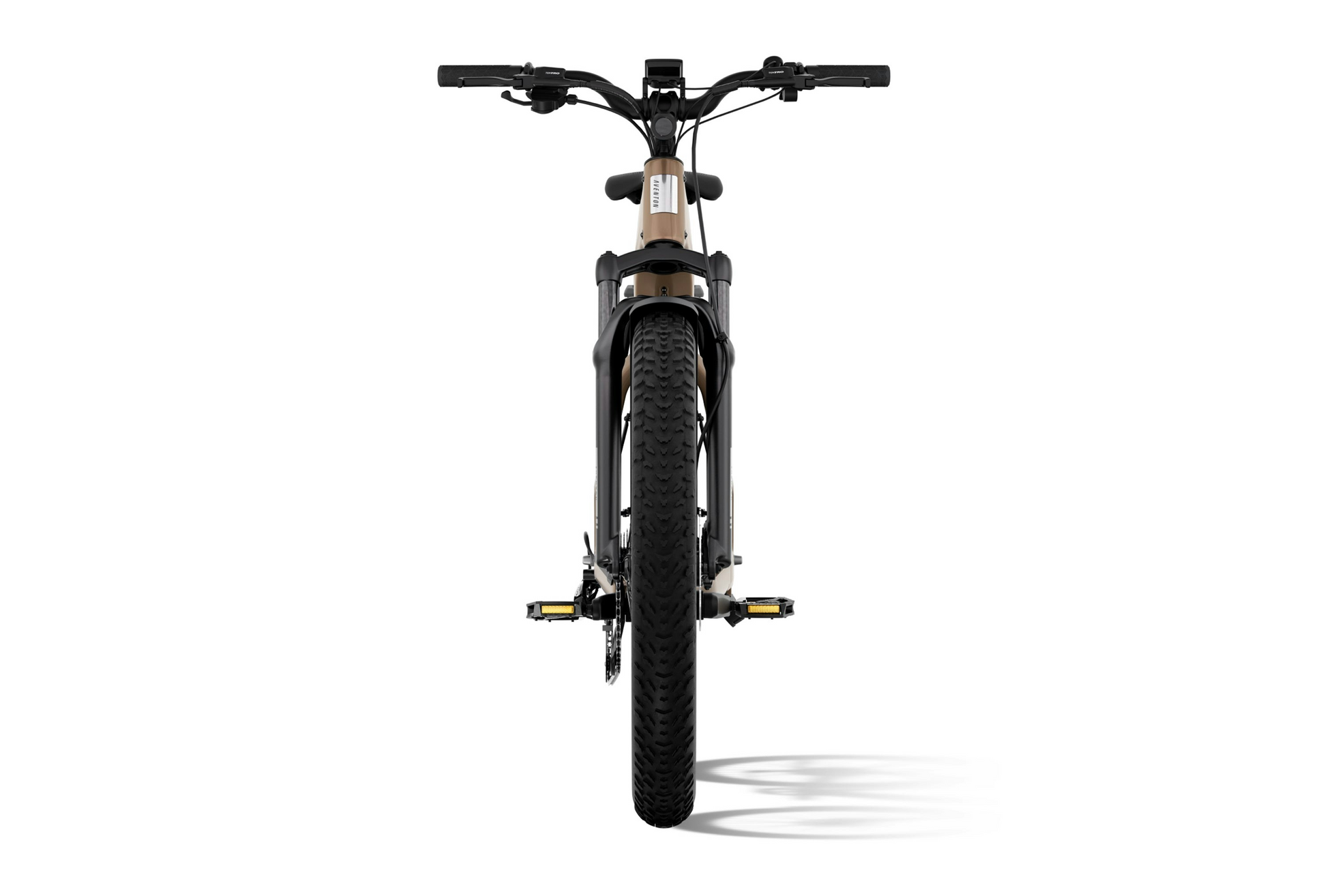 Front view of the Aventon - Aventure 3 by Aventon, a fat tire eBike featuring a brown and black frame, rugged thick tires, flat handlebars, and visible pedals—ready for your next electric ride. Displayed on a white background.