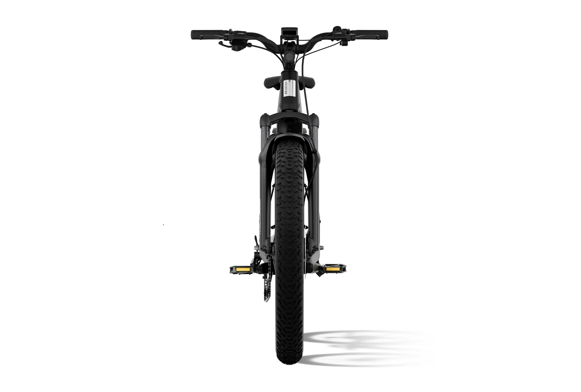 Front view of the Aventon - Aventure 3 eBike by Aventon, showcasing its fat tires, flat handlebars, and visible pedals, set against a white background.