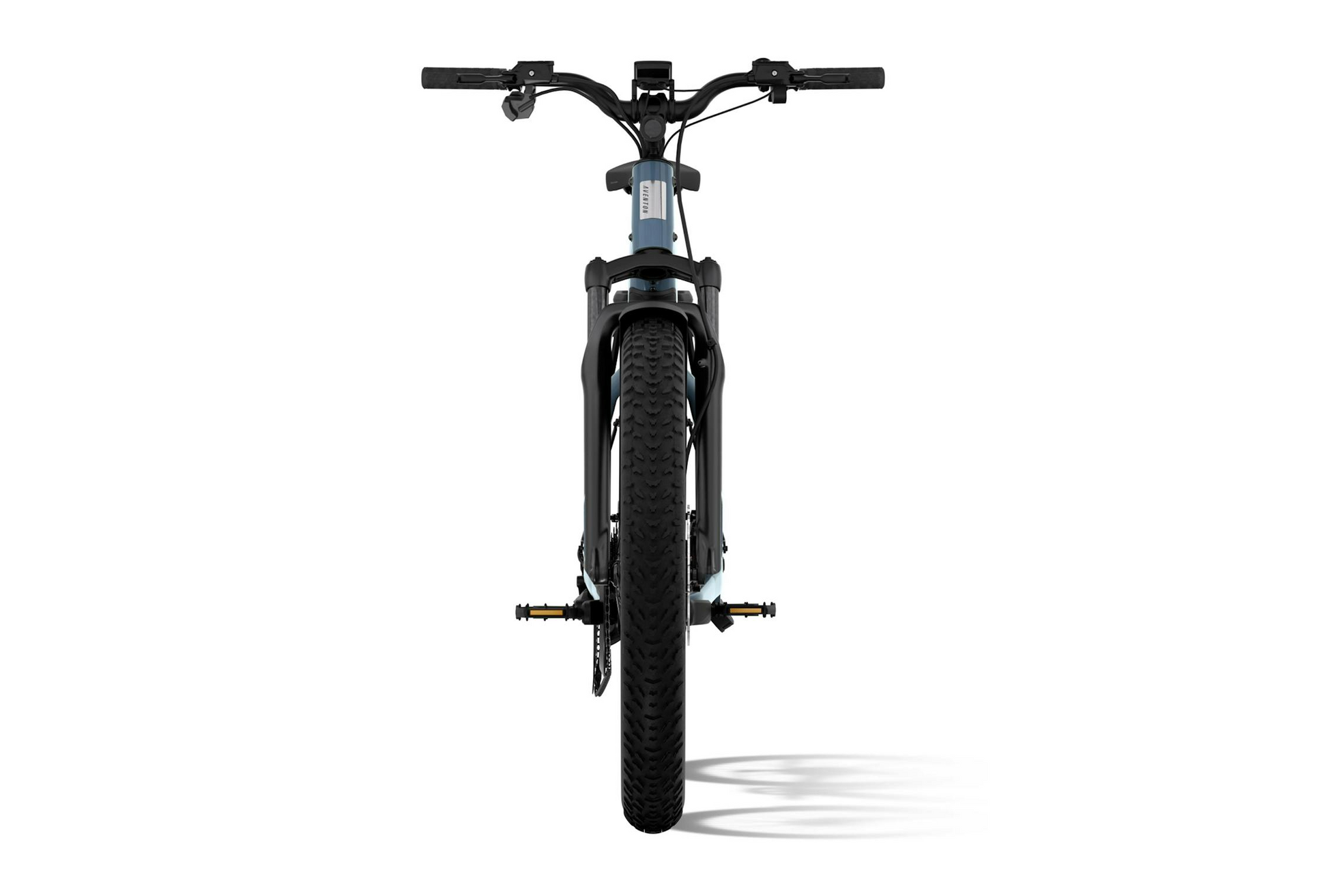 Front view of the Aventon - Aventure M by Tampa Bay eBikes, showcasing its thick fat tires, pedal pegs, and powerful high-torque performance against a white background.