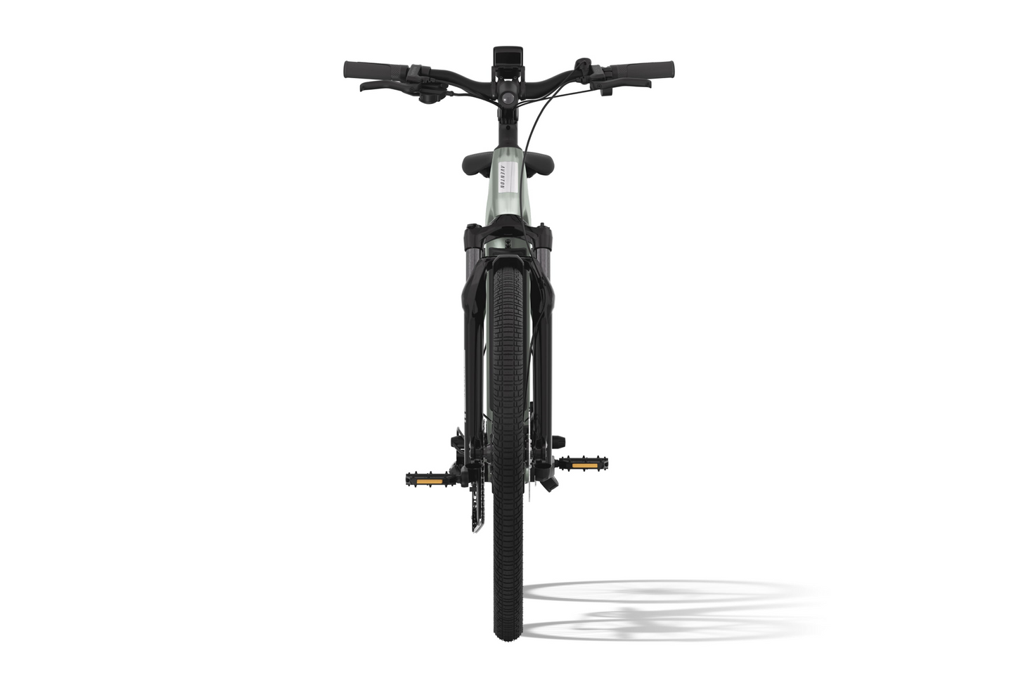 Front view of the Aventon Level 3 eBike in grey with black handlebars, showcasing thick tires and cast ground shadows; an ideal choice for commuters.