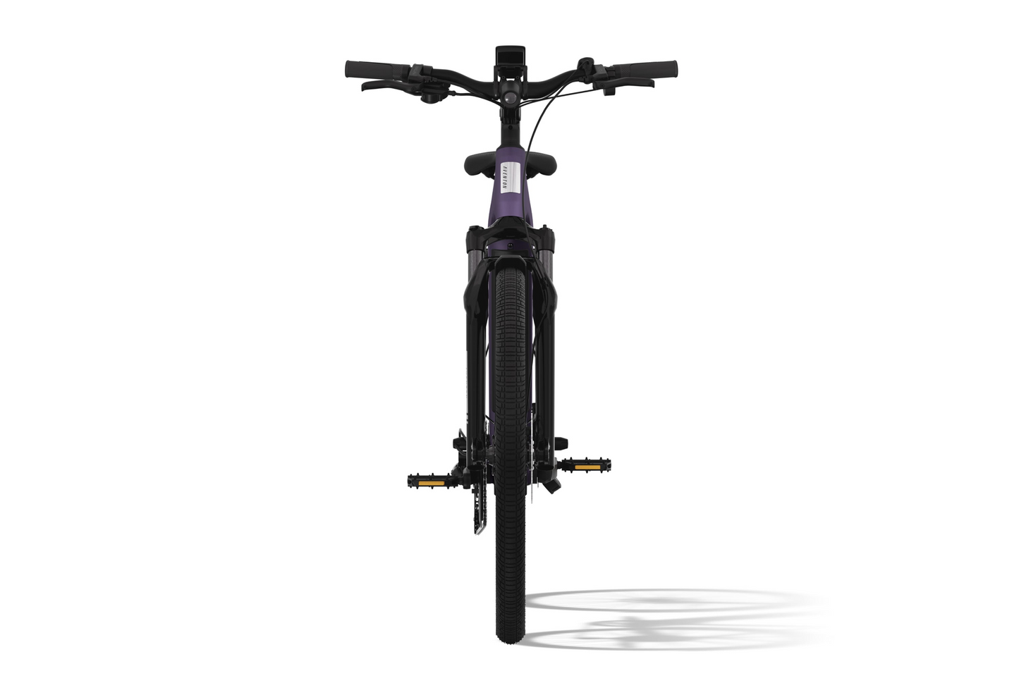 The Aventon Level 3 eBike features a front view with purple color and black handlebars, highlighting the tire tread pattern's shadow. Its sleek design offers stylish rides, while its smart security system ensures peace of mind.