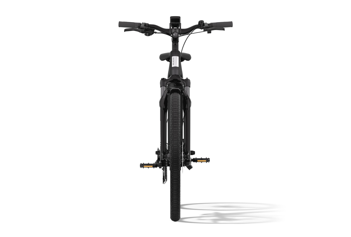 A black Aventon Level 3 commuter eBike features wide handlebars, visible tire tread, and pedals in a front view. It casts a shadow on a white background, subtly highlighting its integrated smart security system.
