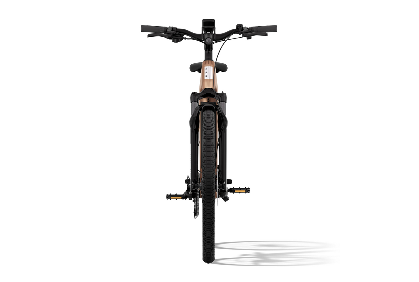 Front view of the tan Aventon commuter eBike, featuring black handlebars and tires, against a plain white background. This stylish Aventon ride is ideal for urban travel, blending sleek design with long-range capability.